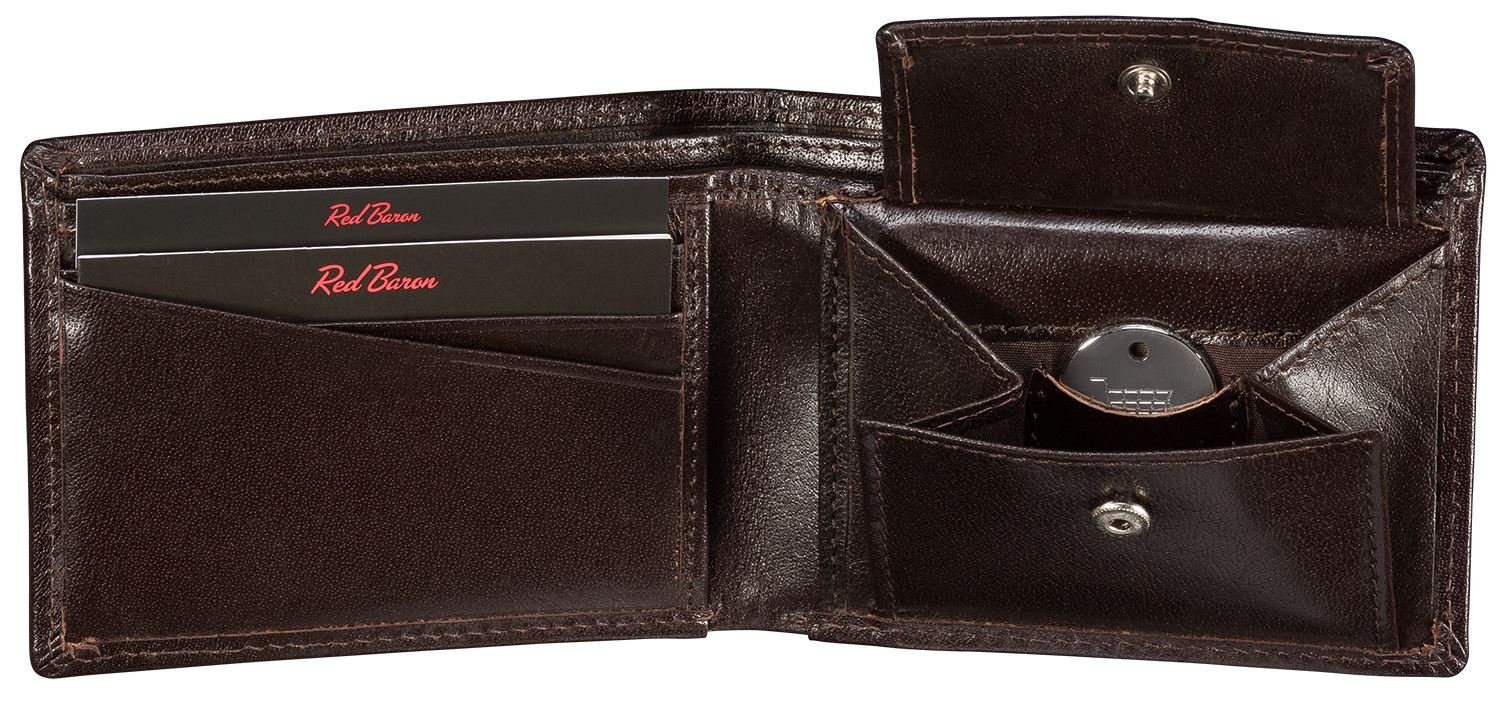 Red Baron Geldbörse Geldbeutel Leder Schwarz RB-WT-001-04, 1-fach klappbar, Kreditkartenfächer, Münzfach mit Druckknopf