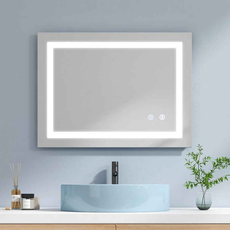 EMKE Badspiegel EMKE Badspiegel mit Beleuchtung LED Badezimmerspiegel 80x60cm, mit Touch, Bluetooth und 3 Lichtfarben Dimmbar,Speicherfunktion