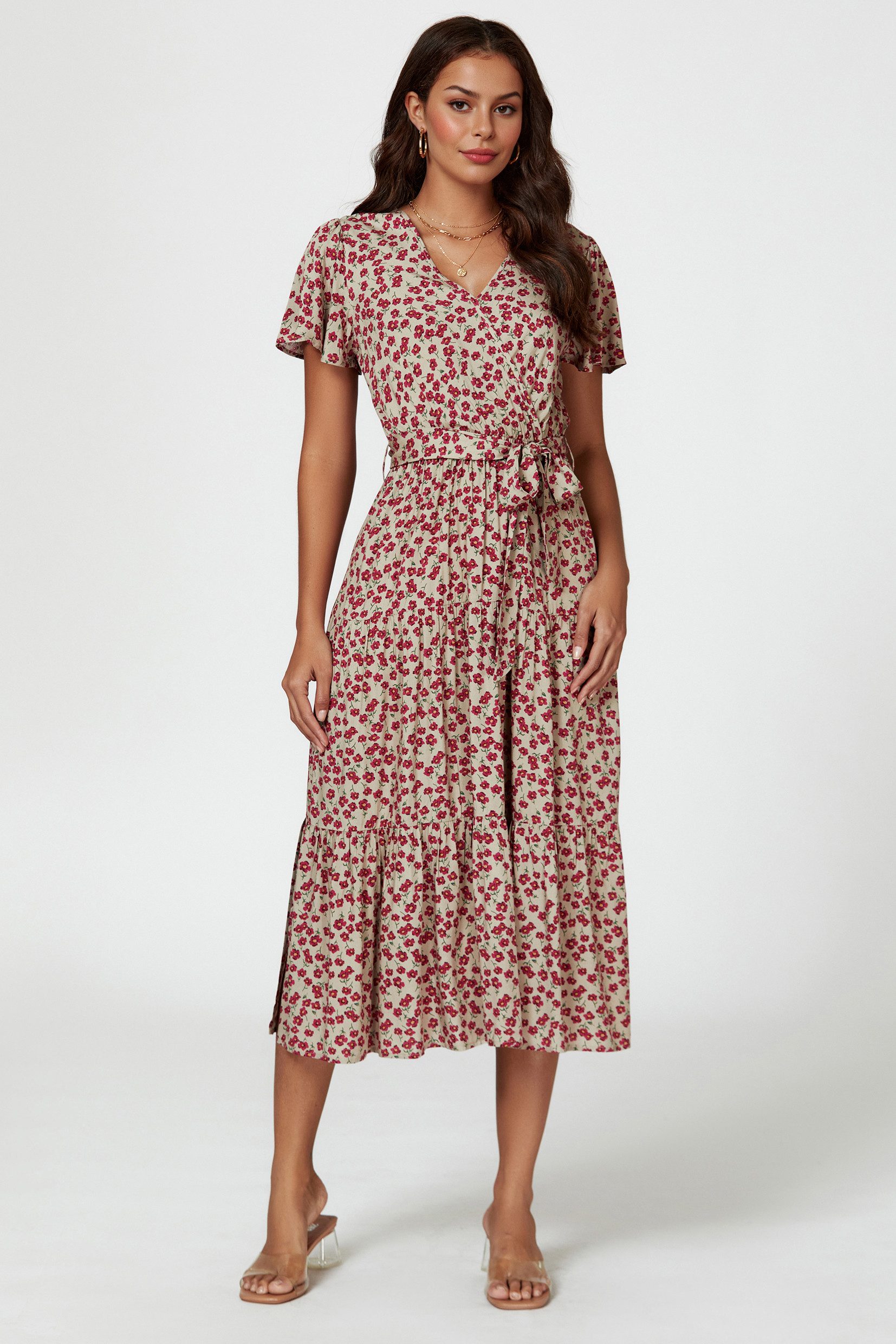 FS Collection Midikleid Damen Bedrucktes Midikleid mit Wickelausschnitt und Schlitz (XS (EU:36 / UK:8) · S (EU:38 / UK:10) · M (EU:40 / UK:12) · L (EU:42 / UK:14) · XL (EU:44 / UK:16), 9 Farben: Hellblau, Grün, Pink-Grün, Weiß-Blau, Marineblau, Schwarz) 100% Viskose Qualität, Beinschlitz, Stufenrock, floraler Print