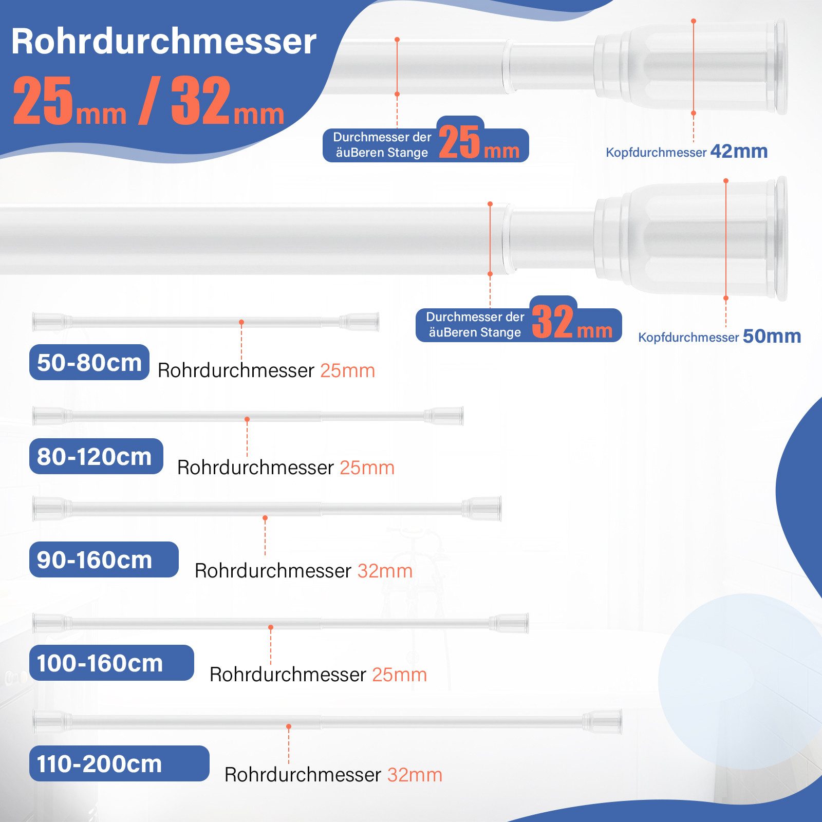 Homewit Duschvorhangstange Ø 25/32 mm, 50-110cm, günstig online kaufen