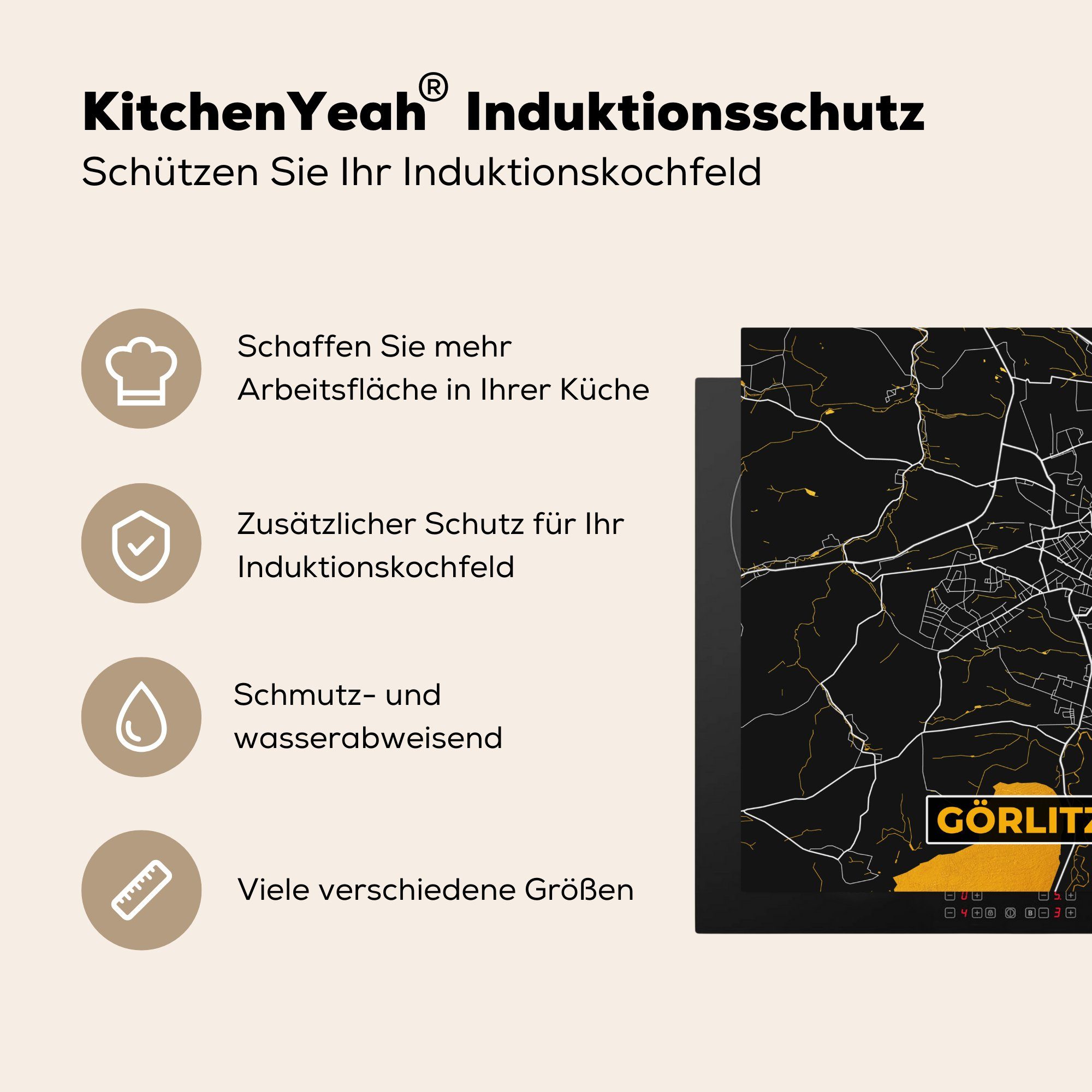 - - - Arbeitsplatte Herdblende-/Abdeckplatte Görlitz Vinyl, und Gold - (1 Stadtplan 78x78 für Ceranfeldabdeckung, tlg), Deutschland MuchoWow Schwarz Karte, küche cm,