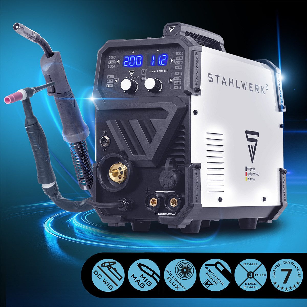 STAHLWERK Inverterschweißgerät Kombi Schweißgerät MTM-200 ST 3-in-1 200 A WIG MIG MAG MMA FLUX, 10 - 200 A, Packung}, 12-tlg., Einzelgerät, mit 200 A und synergischem Drahtvorschub