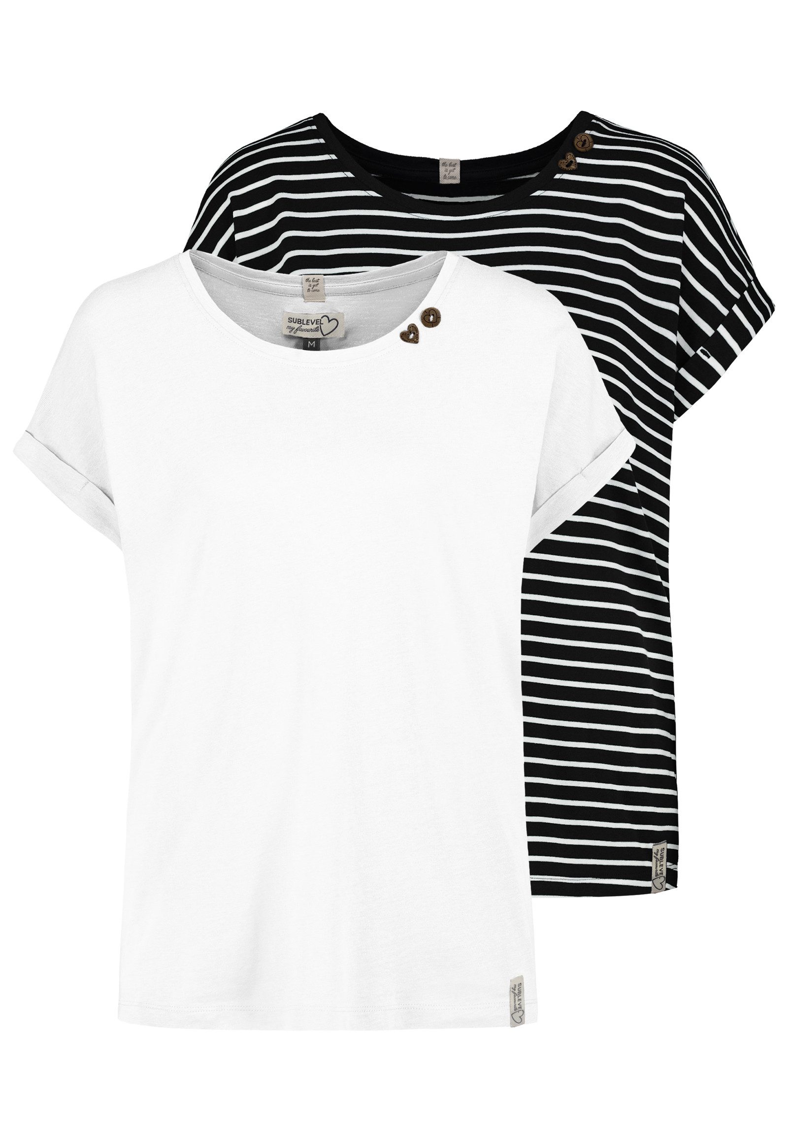 SUBLEVEL T-Shirt 2er Pack mit Herzknöpfen, Umschlagsaum, Labeldetails (2-tlg) D12041AH02460E_T-shirts