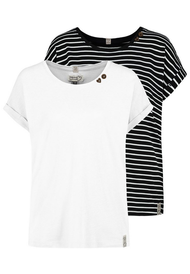 SUBLEVEL T-Shirt 2er Pack Herzknöpfe Umschlagärmel für Damen (2-tlg) Modal nachhaltig Normal Fit Rundhals Kurzarm Einfarbig