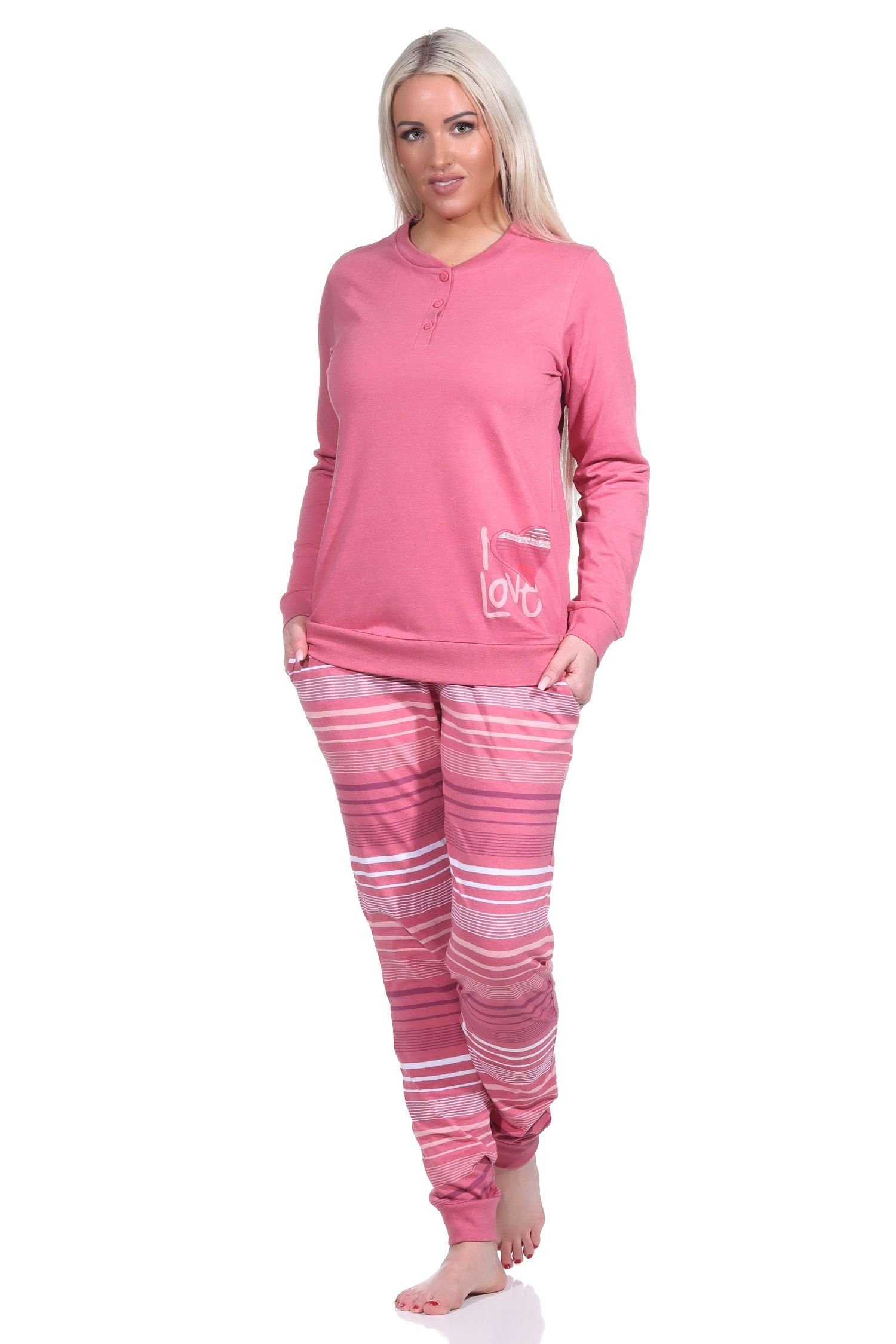 Normann Pyjama Bündchen Damen gestreifter mit altrose Hose und + Herzmotiv Pyjama