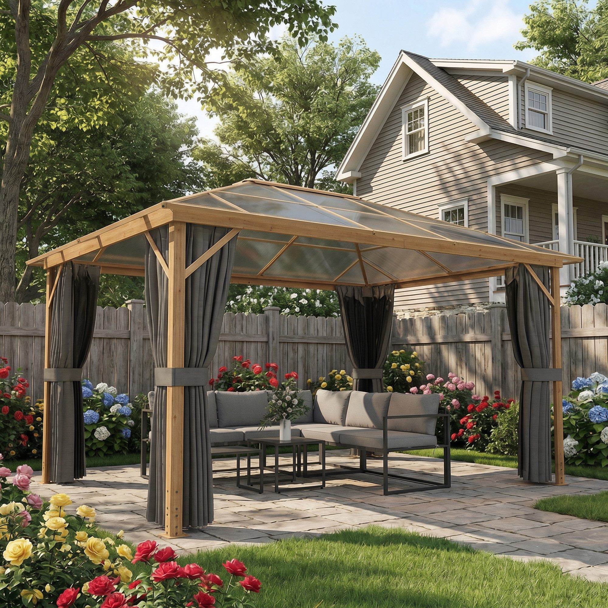 Outsunny Pavillon mit Polycarbonat-Dach 6 mm, Moskitonetz, Holzoptik, mit 8 Seitenteilen, (Gartenpavillon, Outdoor Pergola), Naturholz