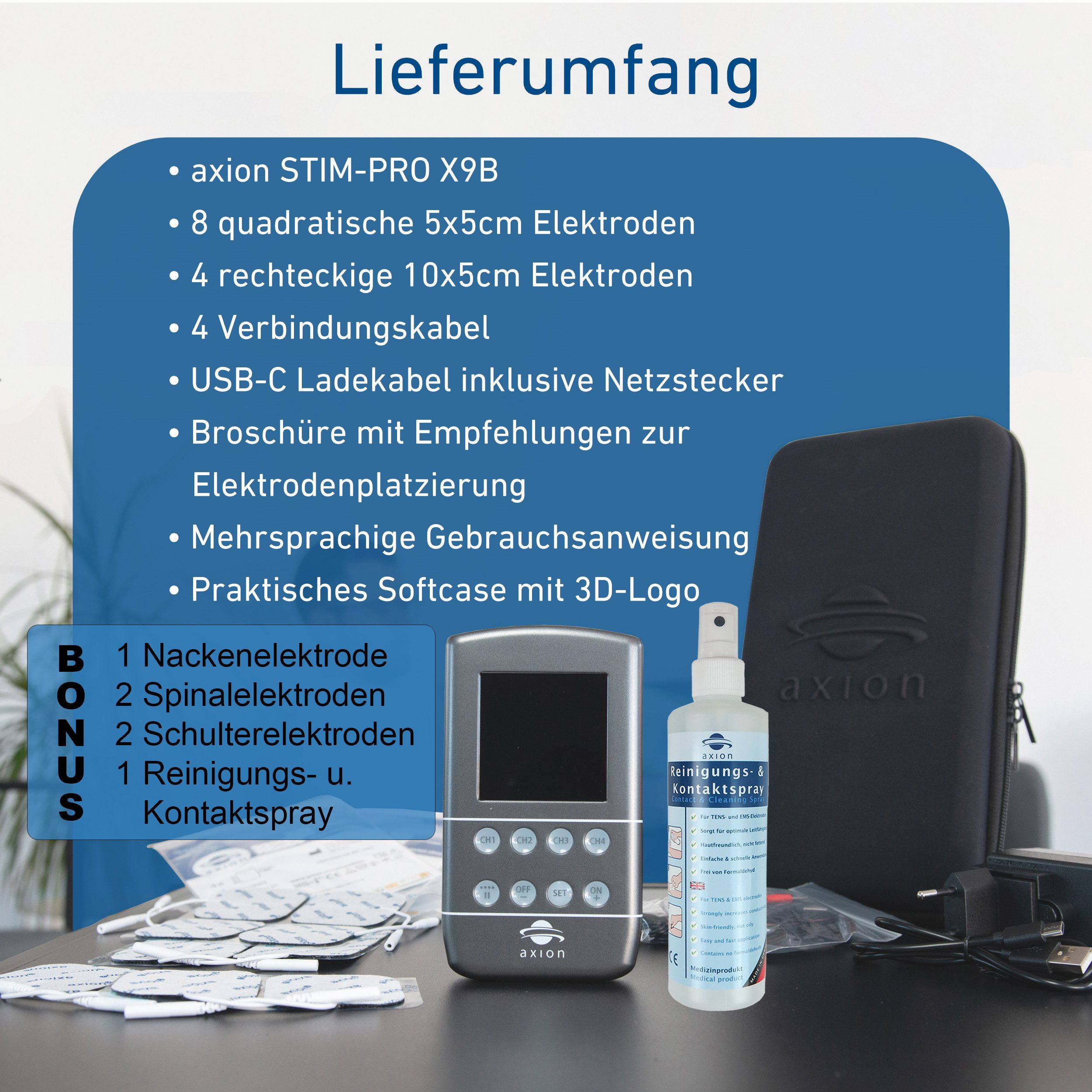 Axion TENS-EMS-Gerät STIM-PRO X9B 4-Kanal mit Akku und Elektrodenset, Medizinprodukt nach MDR (EU) 2017/745