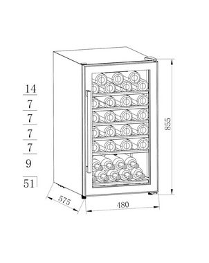 PKM Weintemperierschrank Weintemperierschrank Flaschenkühlschrank 51 Flaschen 5°C-20°C, für 51 Standardflaschen á 0,75l