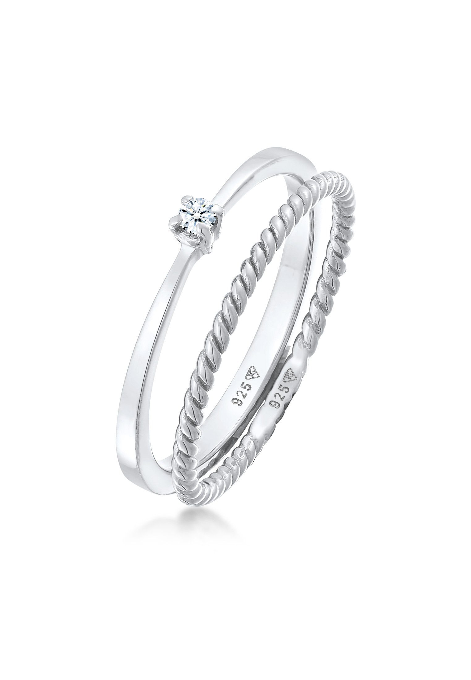 Elli DIAMONDS Diamantring Diamant (0.03 ct) Kordel 2er Ring Set 925 Silber