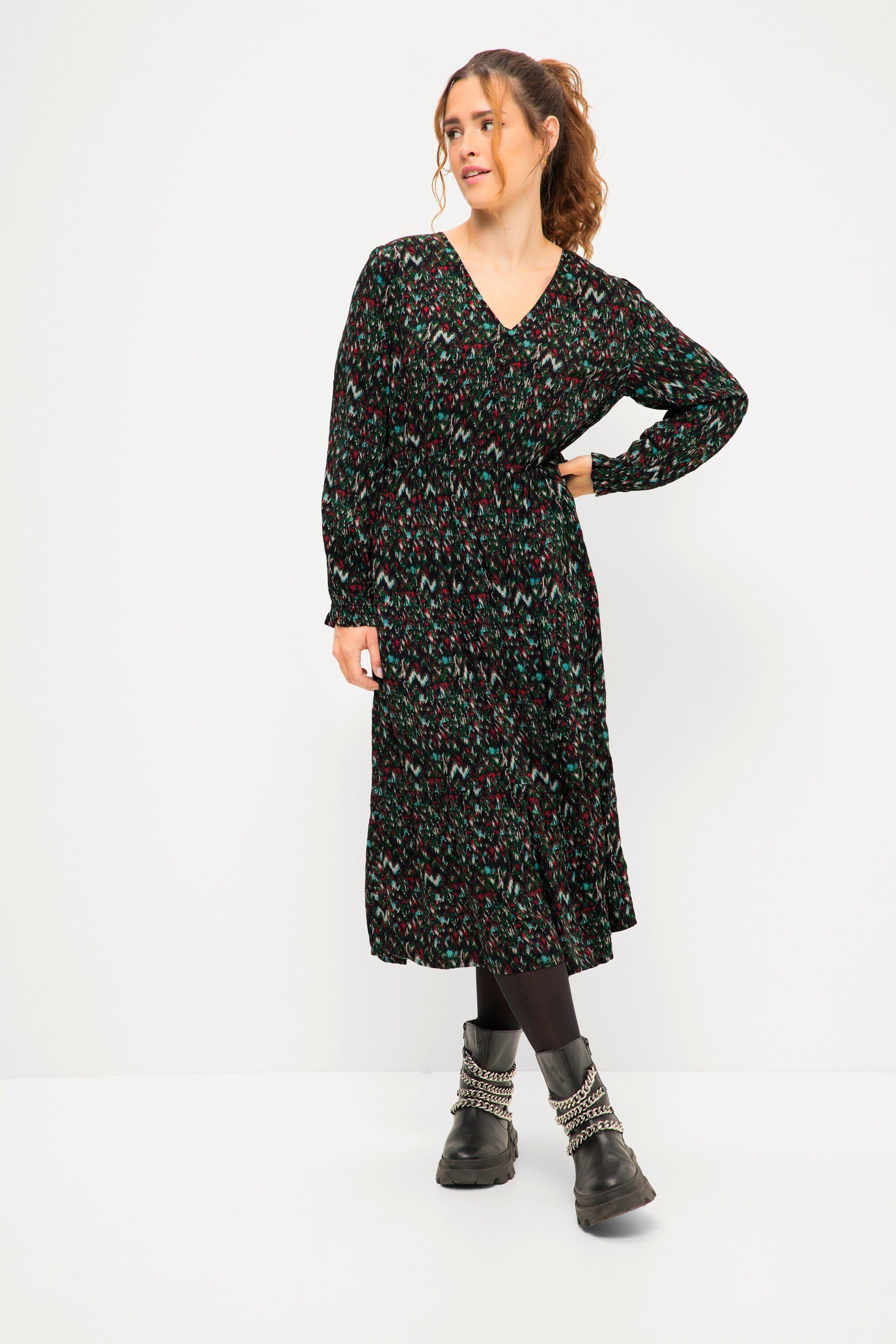 Jerseykleid Midikleid A-Line Zickzack Print V-Ausschnitt