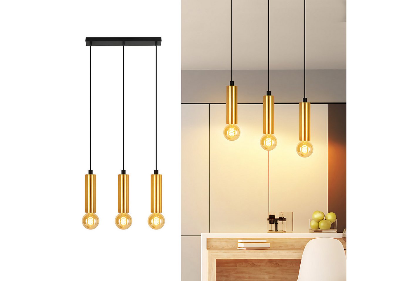ZMH Pendelleuchte Esszimmer Gold 3 Flammig E27 Hängend 135CM wohnzimmerlampe Küche, Hochwertige Design, ohne Leuchtmittel, Höhenverstellbar für Hotel Büro Vintage Esszimmerlampe