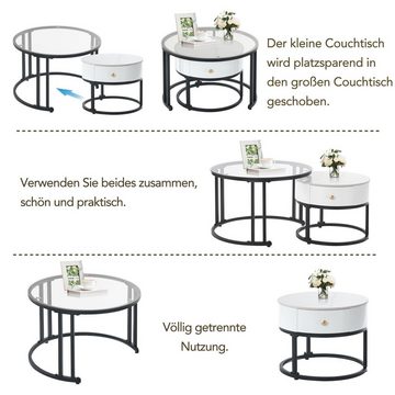 WISHDOR Couchtisch 2er Set mit Glasplatte und Metallrahmen (2-St), Beistelltisch mit Marmor-Tischplatte Satztisch