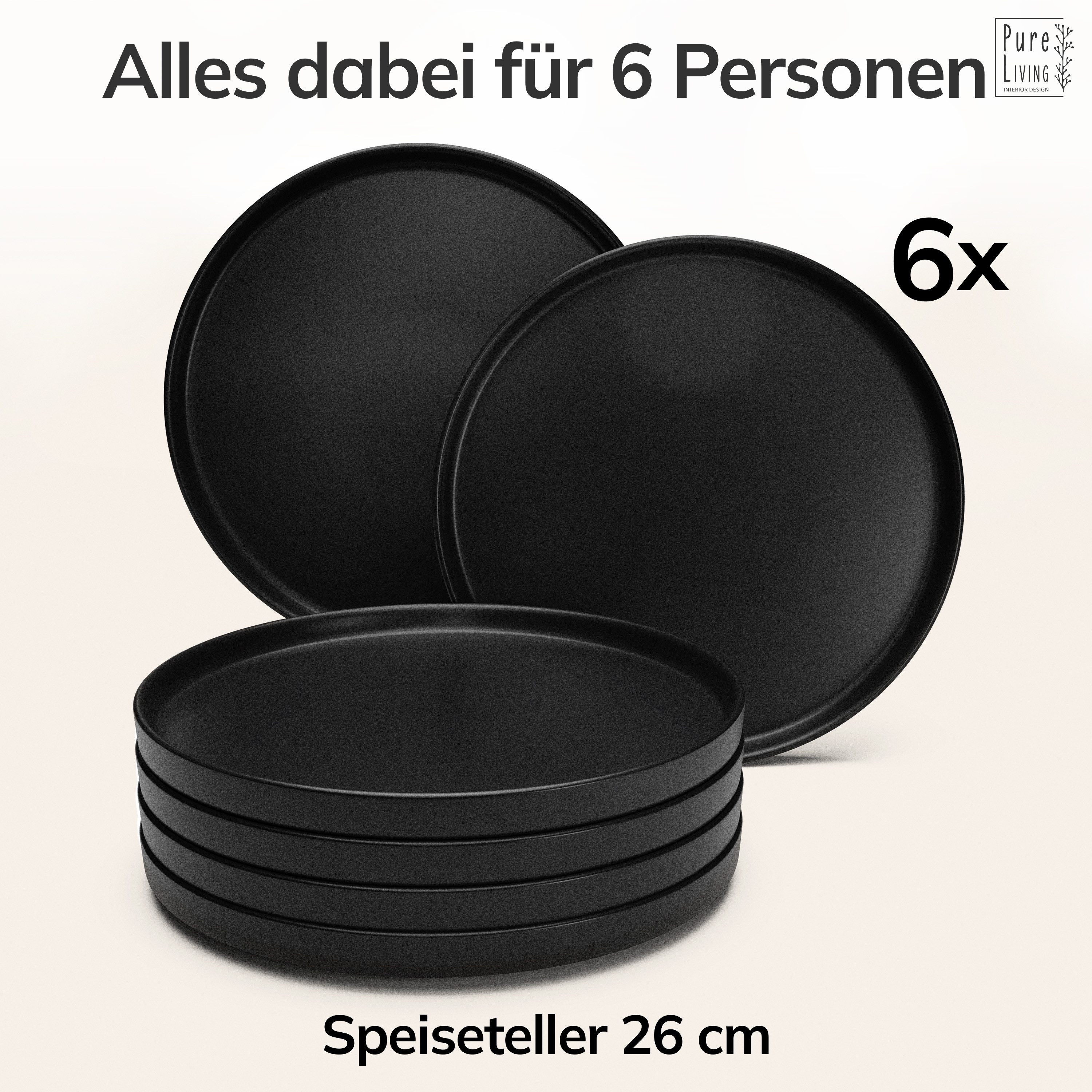 PURE LIVING INTERIOR DESIGN Geschirr-Set Manhattan Speisseteller, Dinnerteller, 6er-Set, 26 cm, Schwarz (6-tlg), 6 Personen, Steingut – Bild 5 von 5