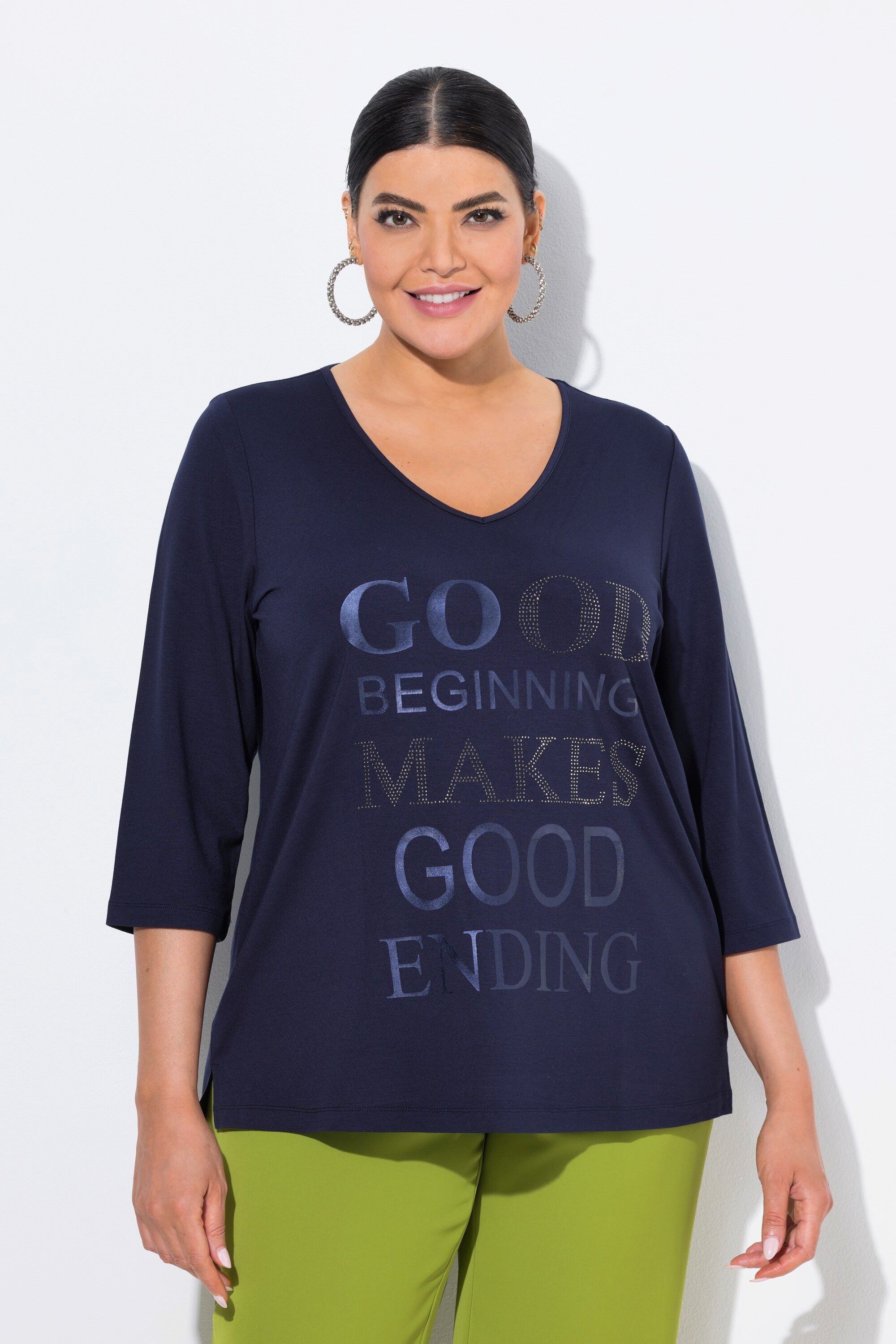 Ulla Popken T-Shirt Shirt Metallic-Schriftdruck V-Ausschnitt günstig online kaufen