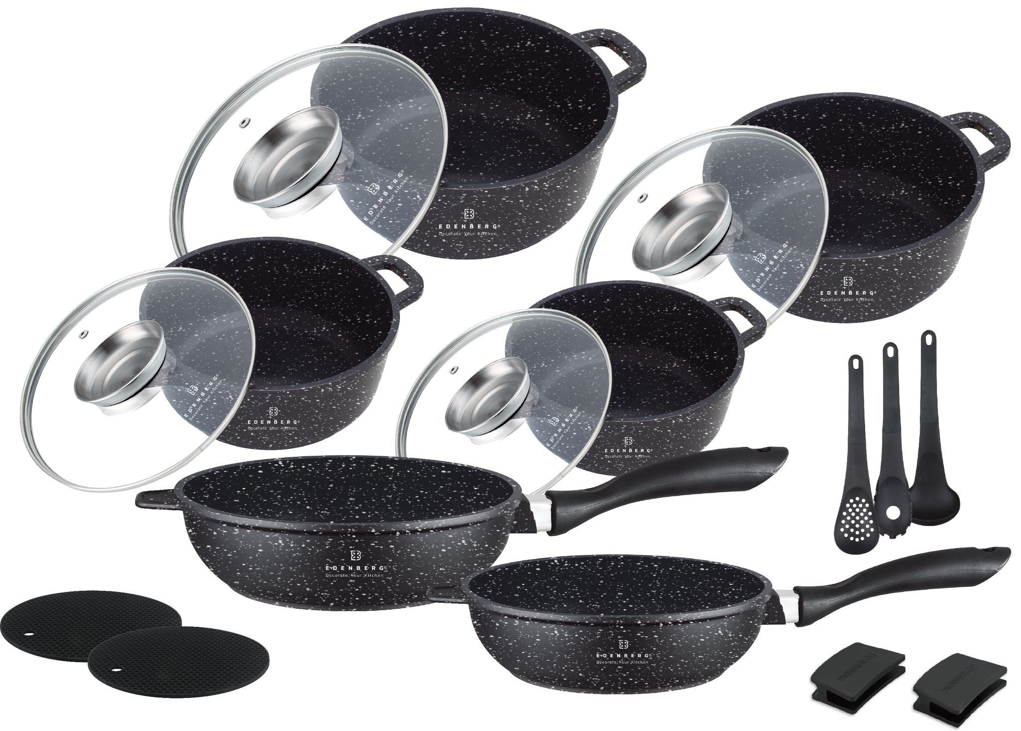 Edenberg Topf-Set Töpfe in 4 verschiedenen Größen plus Pfannen, Küchenzubehör, Aluminiumguss, Aluminium, Edelstahl, Keramik (Töpfe von extrem hoher Qualität!, 17-tlg., Es ist eine perfekte Geschenkidee für jeden Anlass), Innovative Aroma Knob-Griffe