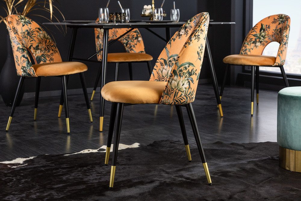riess-ambiente Esszimmerstuhl PRÊT-À-PORTER gelb/schwarz – Samt, florales Muster, goldene Fußkappen (Einzelartikel, 1 St), Retro-Stuhl mit Glamour-Effekt – ideal für Esszimmer oder Büro