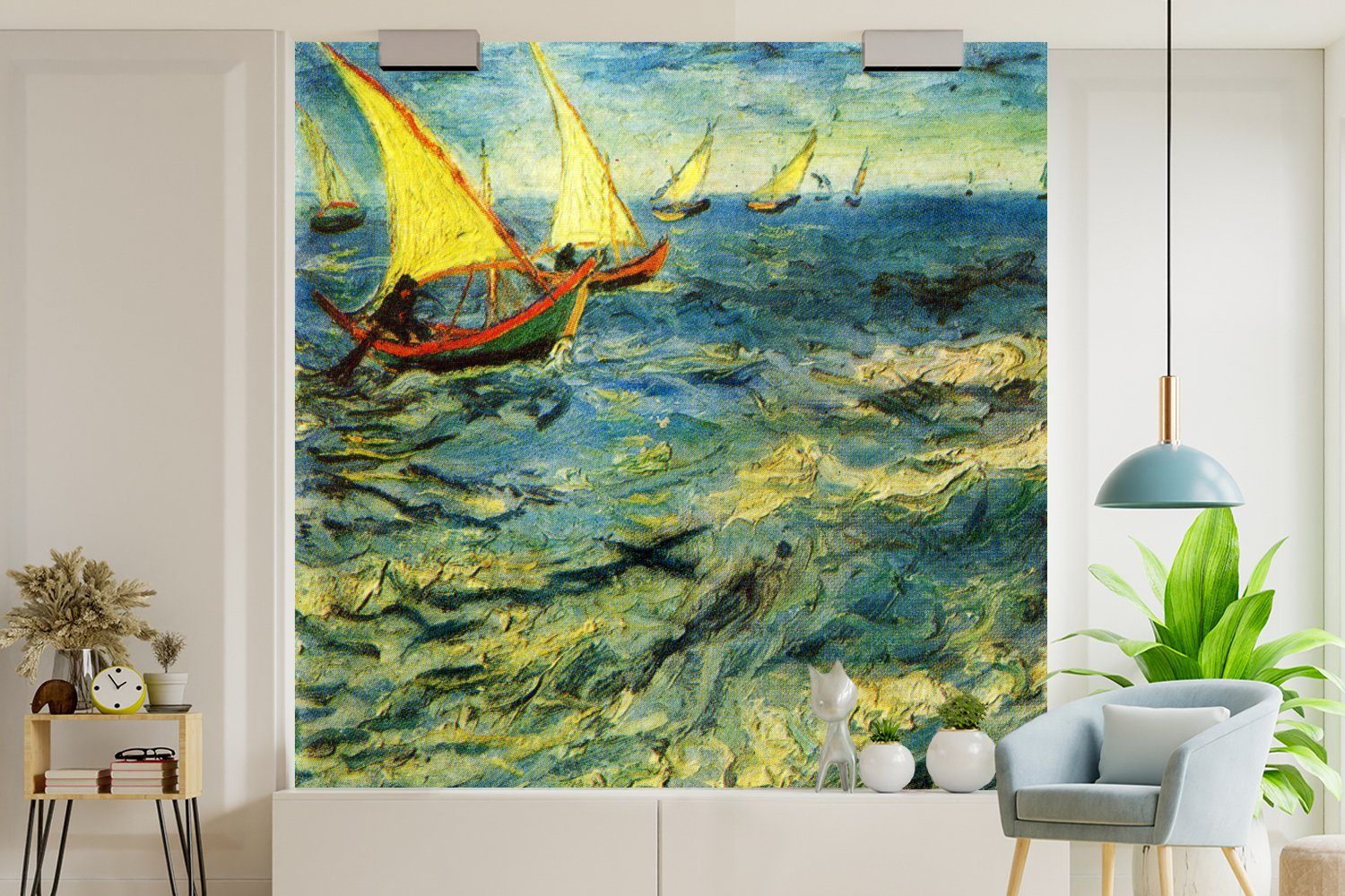 für Fototapete Schlafzimmer MuchoWow Wohnzimmer Meer Vincent - Fototapete Gogh, (4 Küche, dem St), van Fischerboote Vliestapete bedruckt, auf Matt,