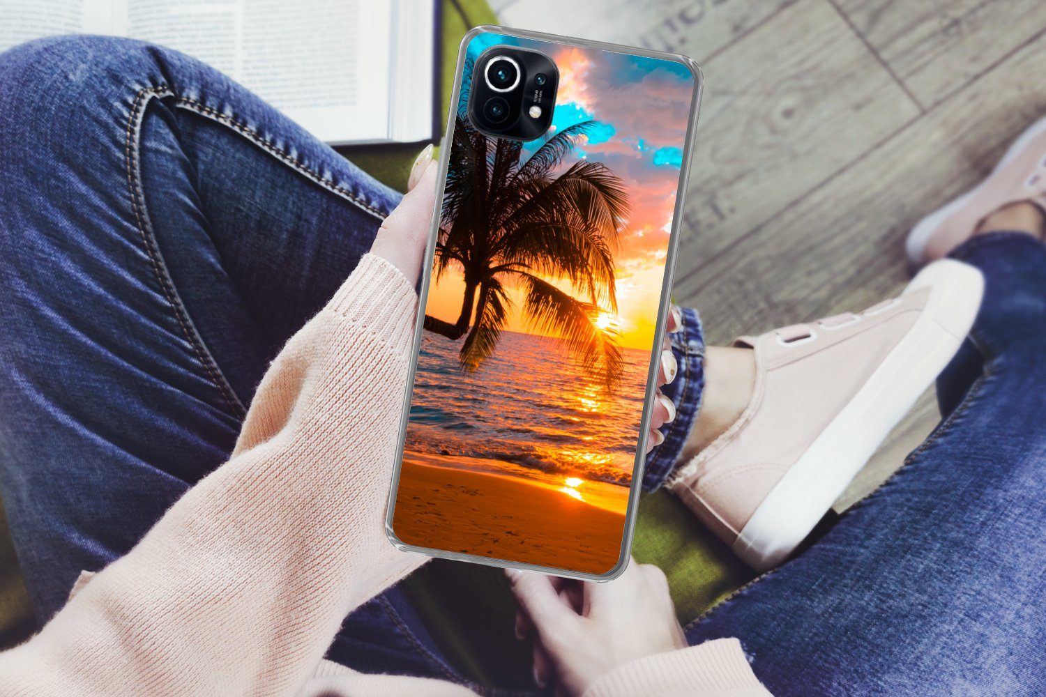 MuchoWow Handyhülle für Xiaomi Mi 11 Palme - Sonnenuntergang - Horizont - Strand - Meer -, Phone Case, Silikon, Schutzhülle Dünn