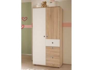 möbelando Babymöbel-Set Floris, (3-St), Modernes Babyzimmer aus Spanplatte in Sonoma-Eiche Nachbildung, Absetzungen in Weiß bestehend aus 1x Wickelkommode, 1 Babybett und 1 Kinder-Kleiderschrank.