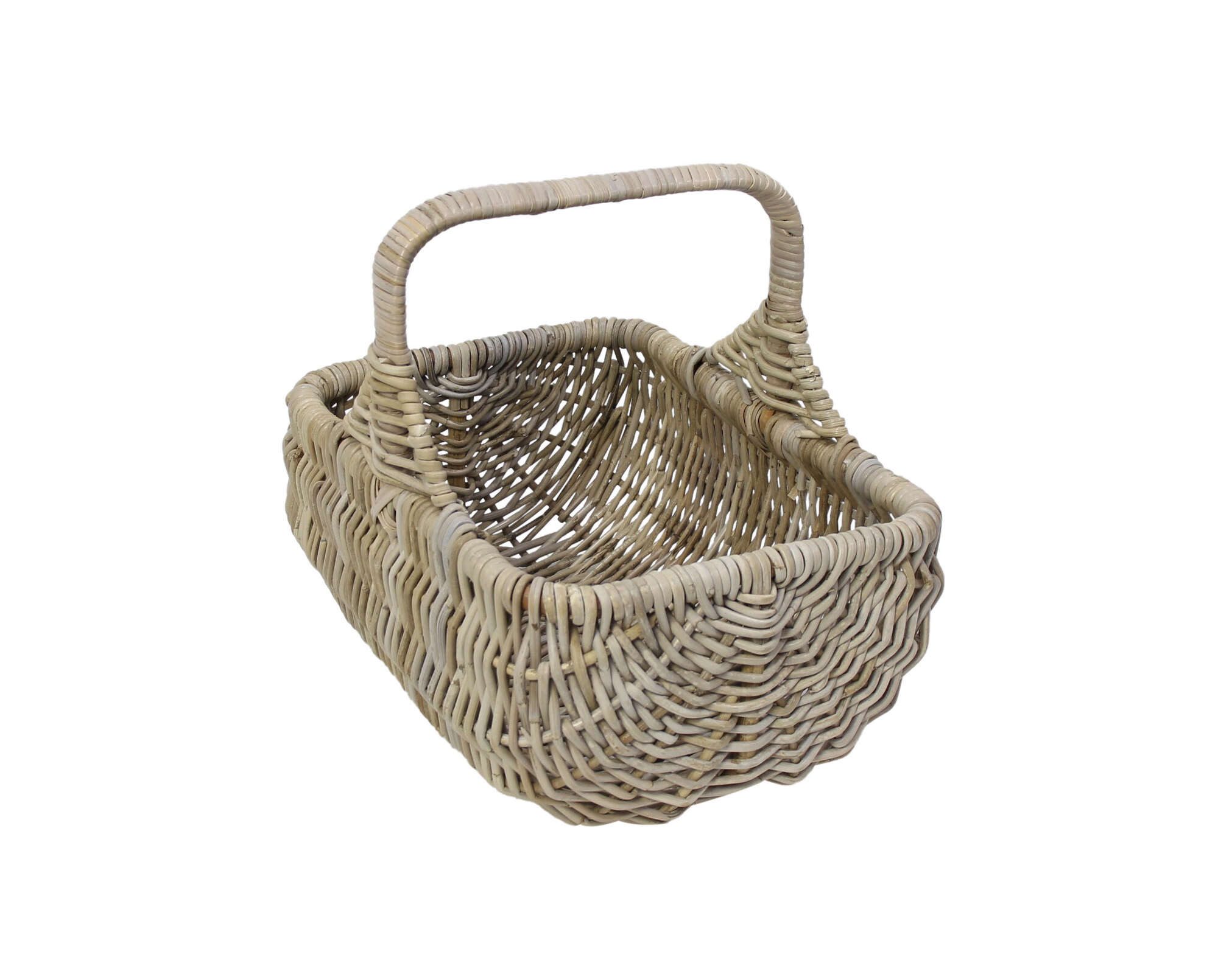Dekoleidenschaft Einkaufskorb "Koboo Grey" aus Rattan, grau lackiert, 40x30 cm, Flechtkorb Tragekorb, Bügelkorb, Shopper, Picknickkorb, Präsentkorb, Rattankorb