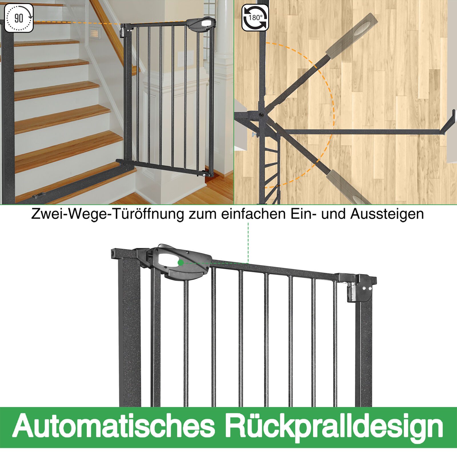 FIVMEN Treppenschutzgitter Türschutzgitter Treppengitter ohne bohren für Kindersicherheit, 76cm Hoch Weiß/Schwarz aus Metall – Bild 4 von 5