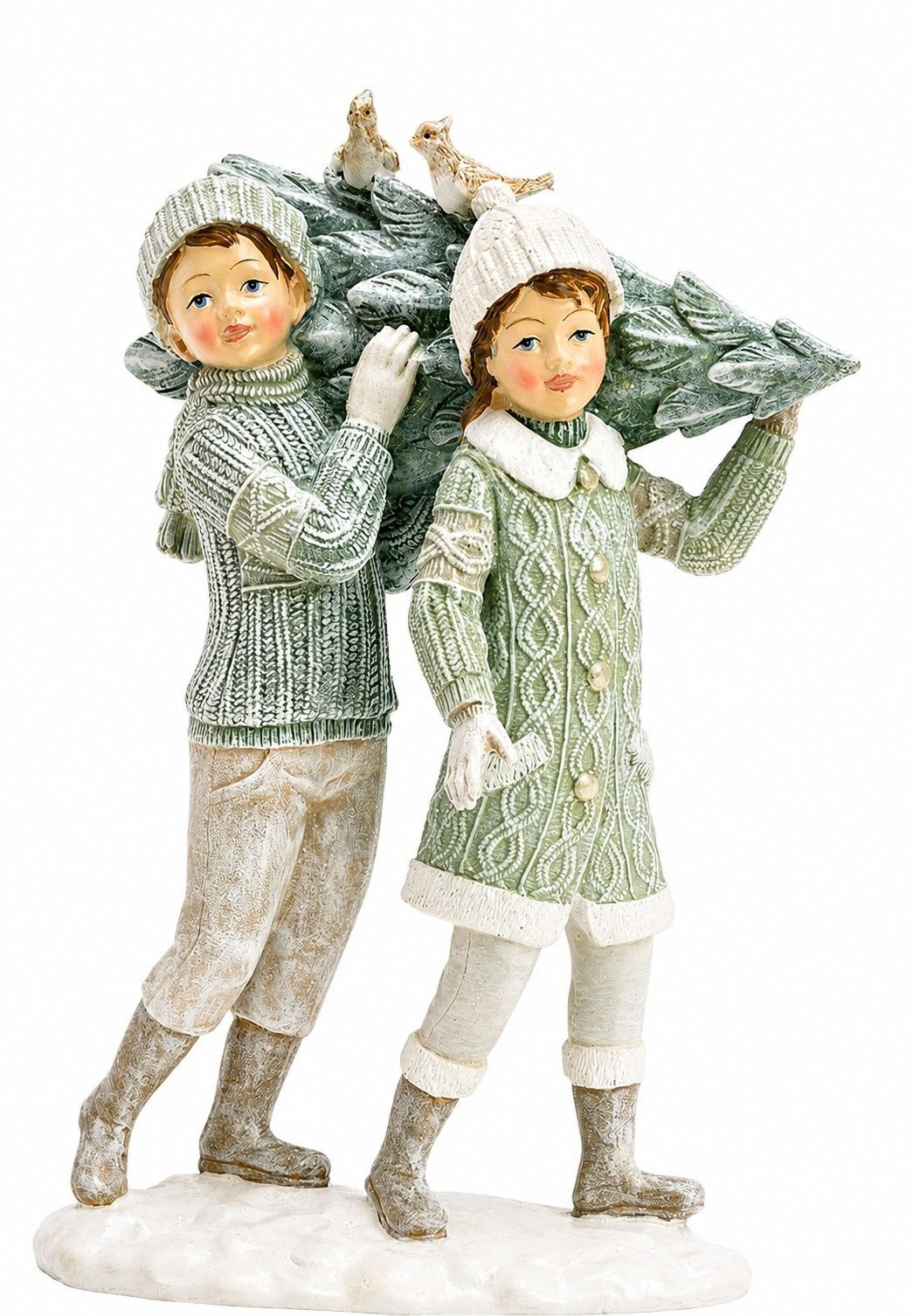 Wurm Weihnachtsfigur Winterkinder Dekofigur mit Tannenbaum – Grün/Creme – 22 cm