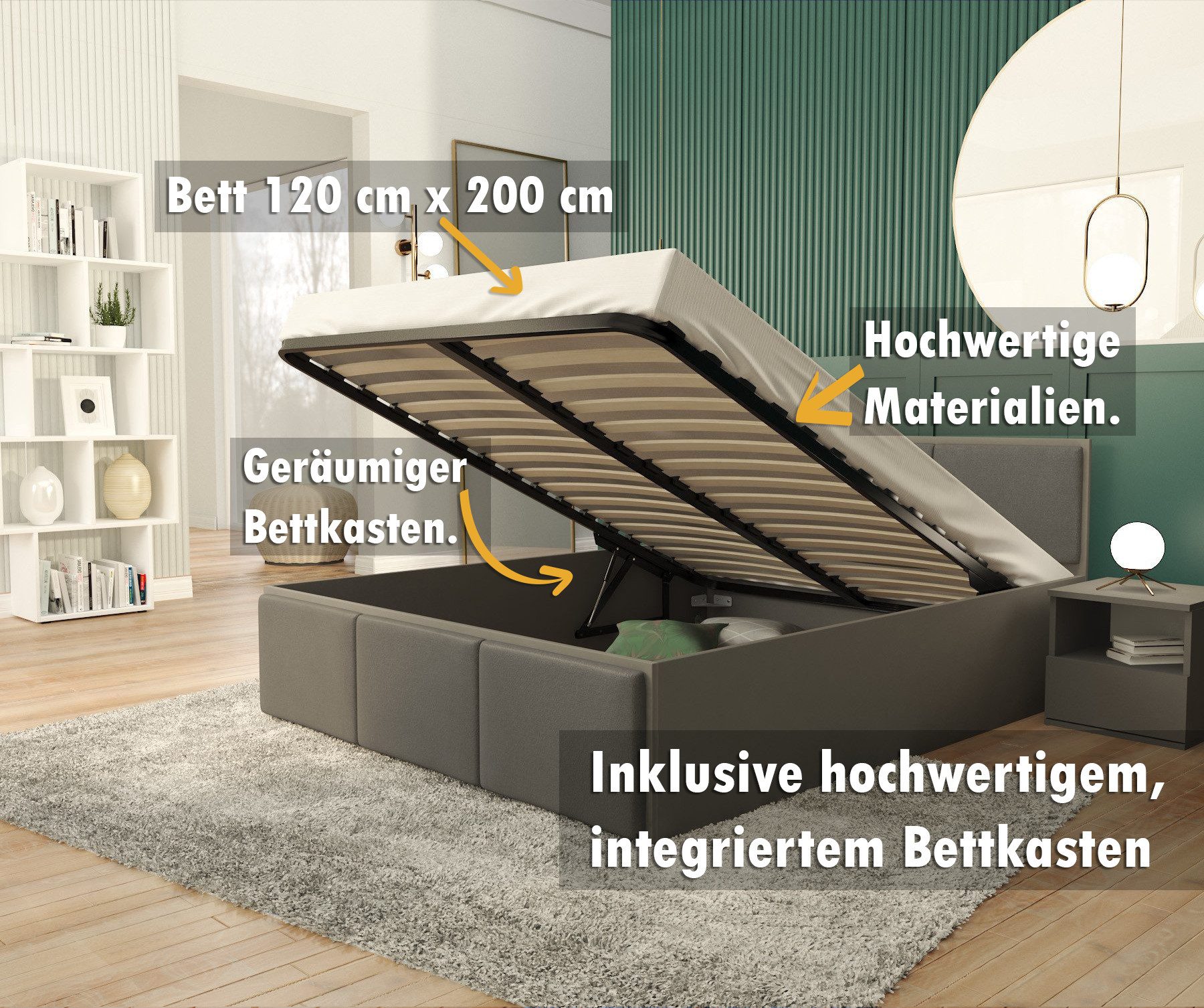 thematys Stauraumbett mit Bettkasten & Lattenrost – Polsterbett 120x200–180x200 – (Optional mit 28 cm H3/H4 Taschenfederkern oder 23 cm Taschenfederkern-Matratze H2, hydraulisches Stauraumbett)