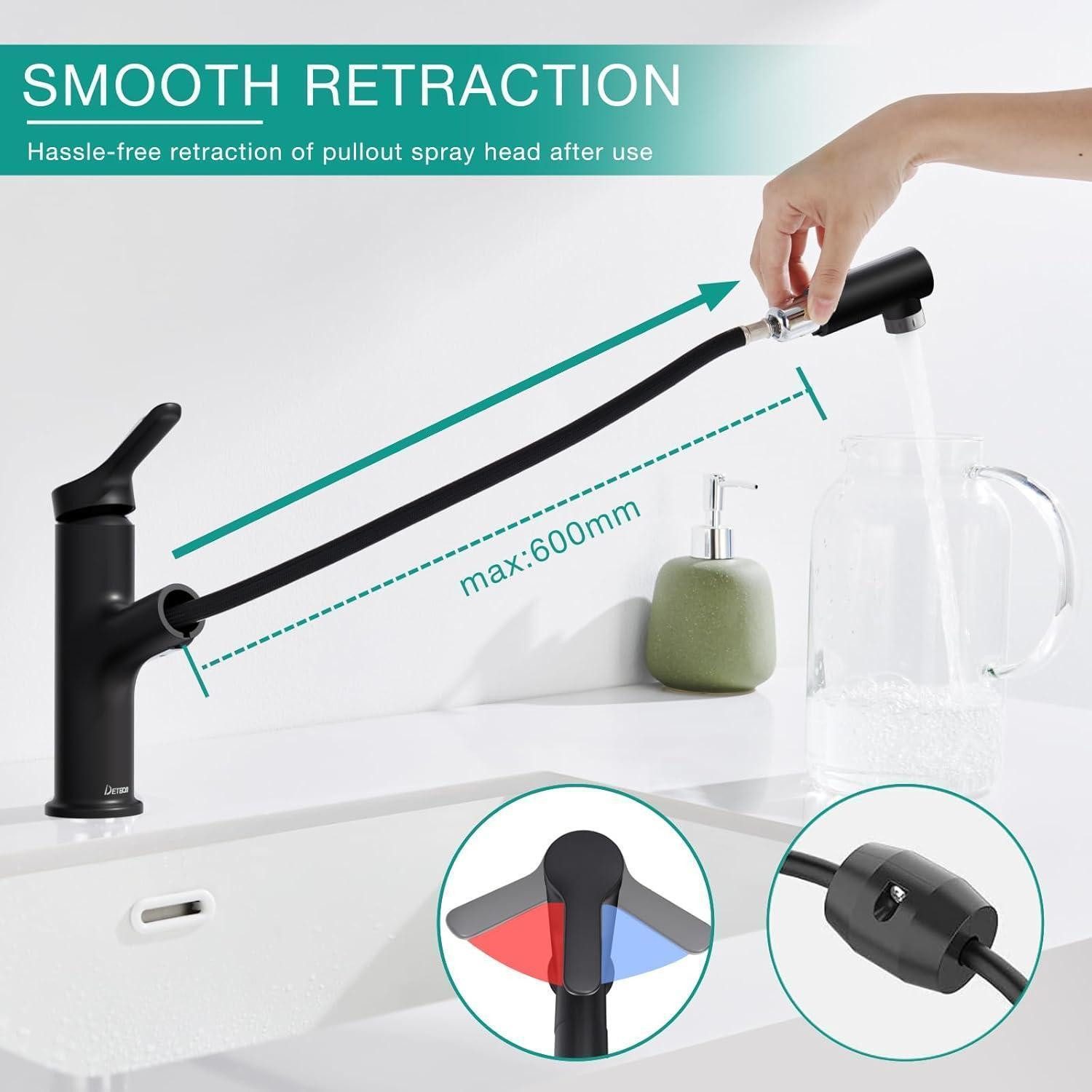 LuxusKollektion Waschtischarmatur Wasserhahn Einhebelmischer ausziehbar Brause Höhe 196mm schwarz – Bild 3 von 5