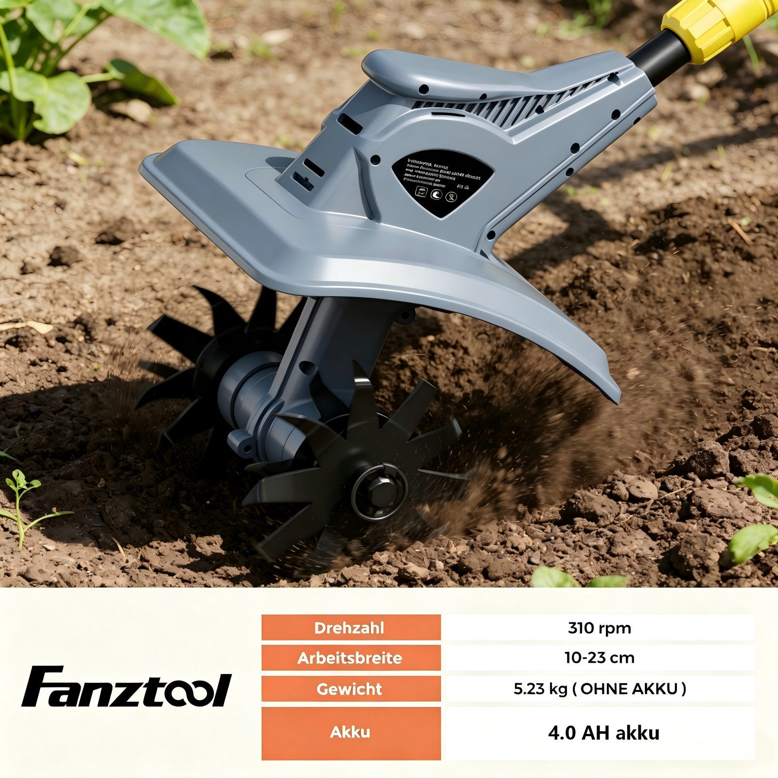 Fanztool Akku-Motorhacke 20V/4.0Ah Akku,23cm Arbeitsbreite,16 cm Arbeitstiefe, Akku Gartenfräs – Bild 4 von 5