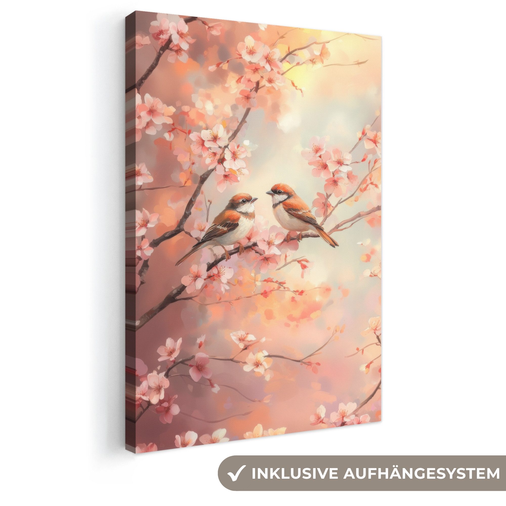 OneMillionCanvasses® Leinwandbild Vögel - Romantisch - Blühende Zweige, Fotodruck (1 St), Leinwand Canvas Wandbild, Wanddekoration 20x30 cm