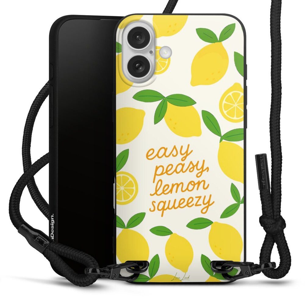 DeinDesign Handyhülle Zitrone Spruch Statement Easy Peasy Lemon Queezy, Apple iPhone 16 Plus Premium Handykette Hülle mit Band Cover mit Kette