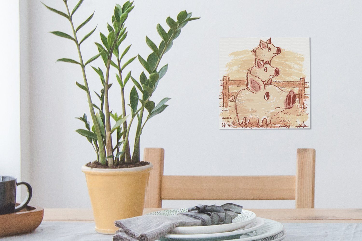 Illustration Eine OneMillionCanvasses® Bilder Wohnzimmer mit St), Leinwandbild (1 Leinwand Ferkeln, für zwei Schlafzimmer Schweins eines