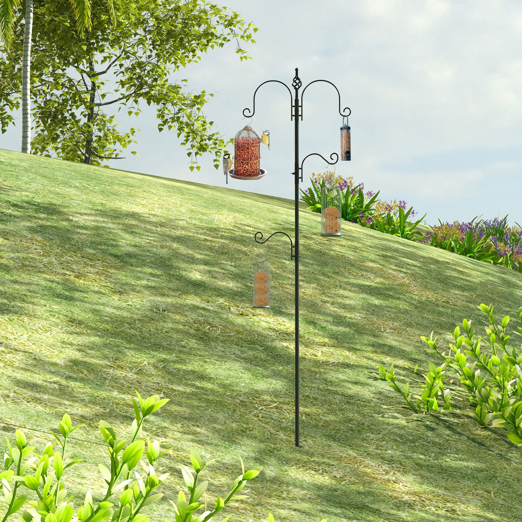 PawHut Vogeltränke Vogel Futterstation, 208 cm Höhe, inkl. 4 Haken 1.024 l, Vollständiges Futtersäulen, Stahl, Schwarz