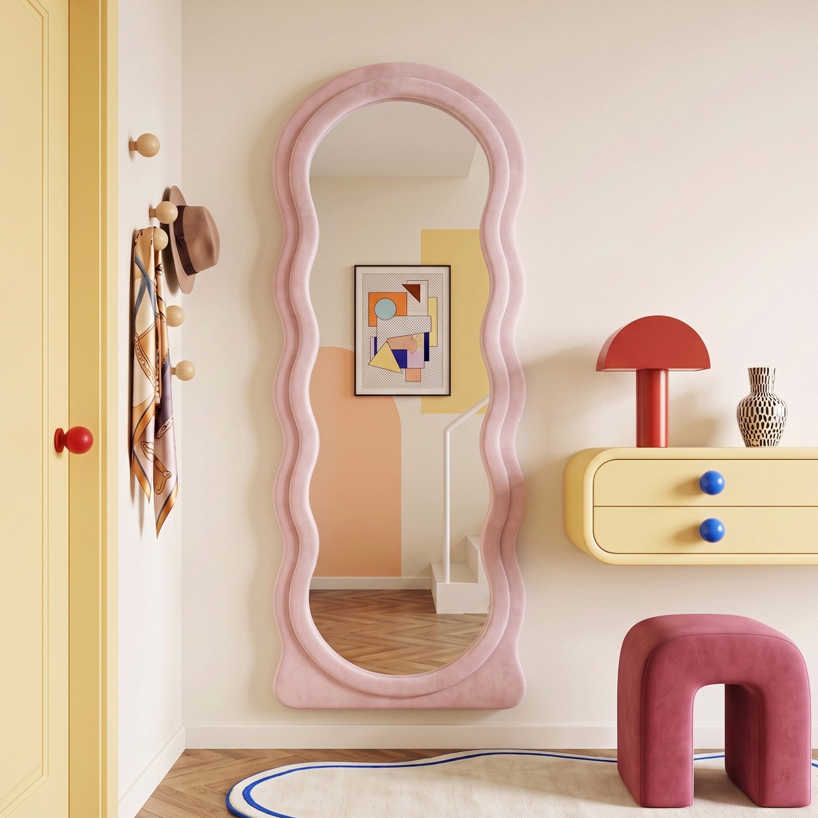 LUNAMIRROR Ganzkörperspiegel im gewellte Form, Samtbezug, Holzrahmen (1-St), stehend & hängend, 160x60 cm, Weiß/Beige/Grün/Rosa – Bild 2 von 4