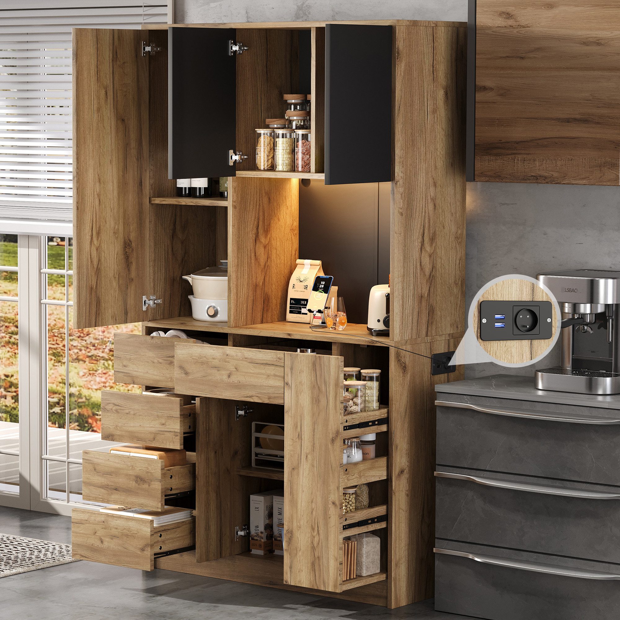 Flieks Küchenbuffet mit Steckdose, LED-Beleuchtung, Schubladen und Türen in Holzoptik (1-St., 105x40x185 cm) Hochschrank Küchenschrank Geschirrschrank mit verstellbare Ablagen