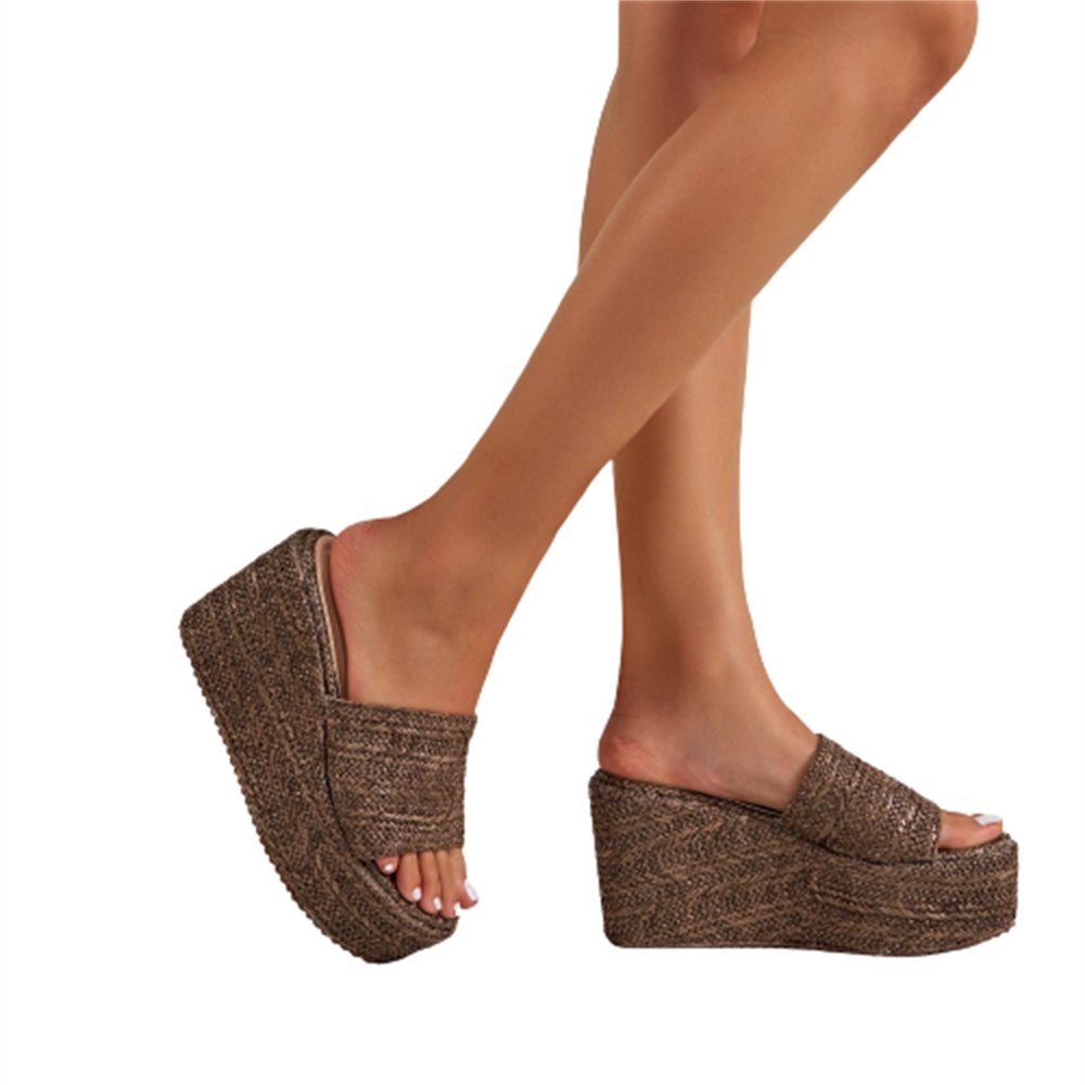 Sandalette Damen-Sommer-Sandalen, hohen Braun Sandalen mit einfache Rouemi gewebte Absätzen