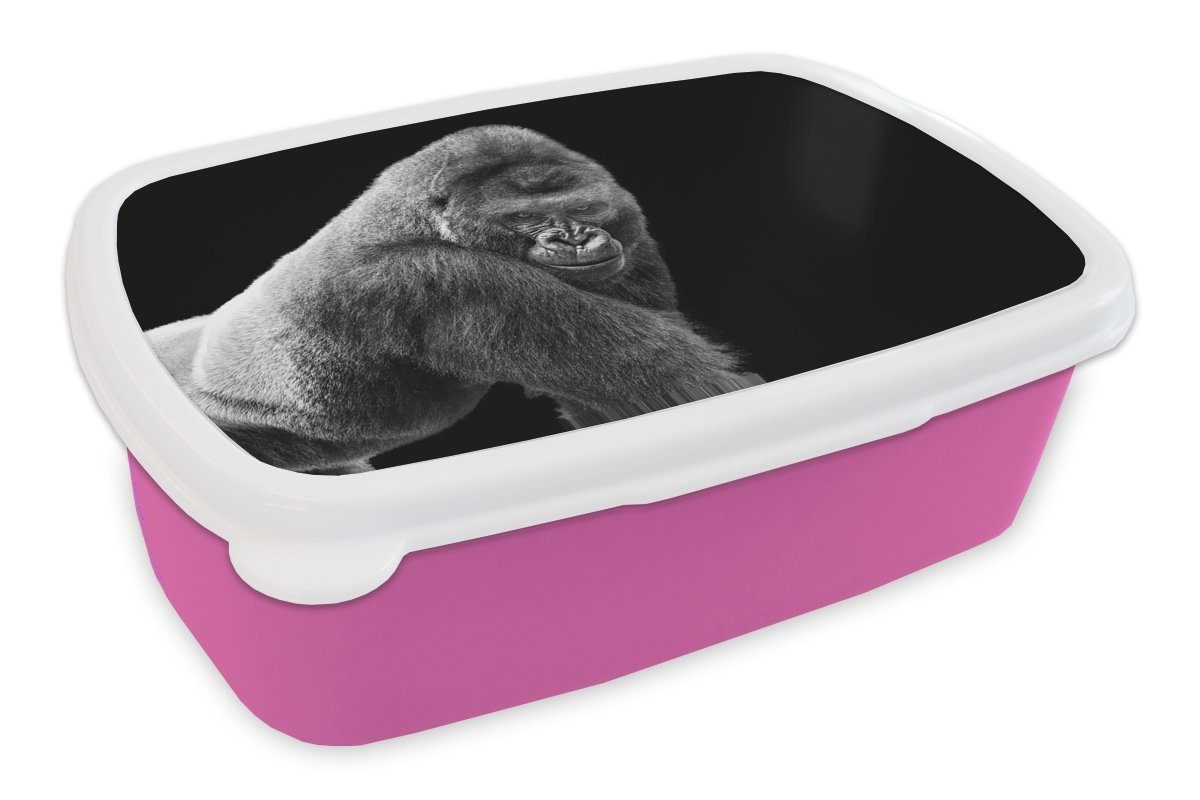 blickt rosa Ein Gorilla Lunchbox Mädchen, für Erwachsene, Brotbox prächtiger Brotdose MuchoWow Kinder, Snackbox, (2-tlg), herab, Kunststoff Kunststoff,