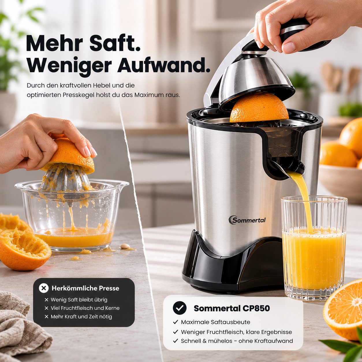 Sommertal 2in1 Zitruspresse Sommertal Zitruspresse CP850 elektrische Saftpresse inkl. 2 Presskegel, 850 W, manuelle Handpresse, Orangenpresse Zitronenpresse aus Edelstahl