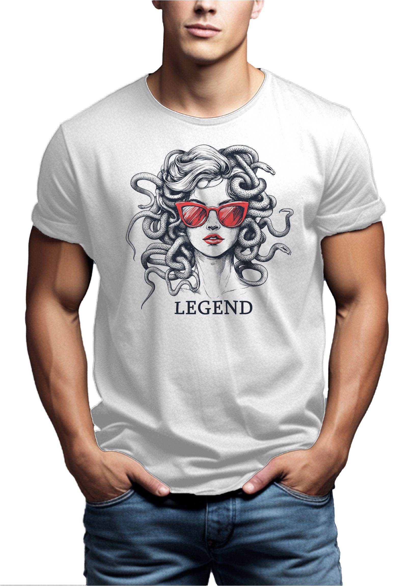 MAKAYA T-Shirt Herrenshirt mit Medusa-Motiv – stylischer Frauenkopf-Print (Weiß, S, M, L, XL, XXL, XXXL, XXXXL, XXXXXL) Baumwolle