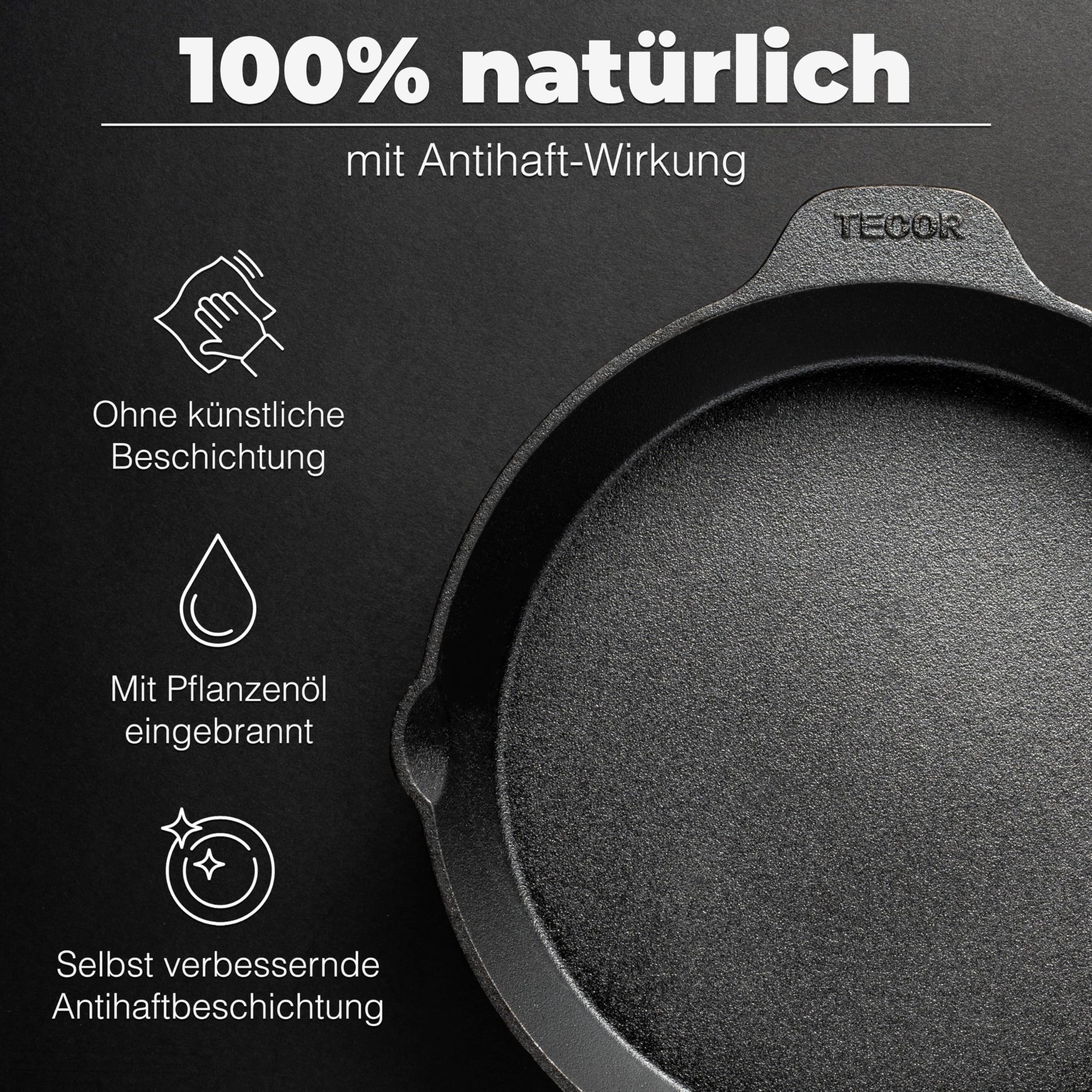 Tecor Grillpfanne Induktion - Gusseisenpfanne ungeschliffen - versch. Größen - Antihaft, Gusseisen (Cast iron pan induction)