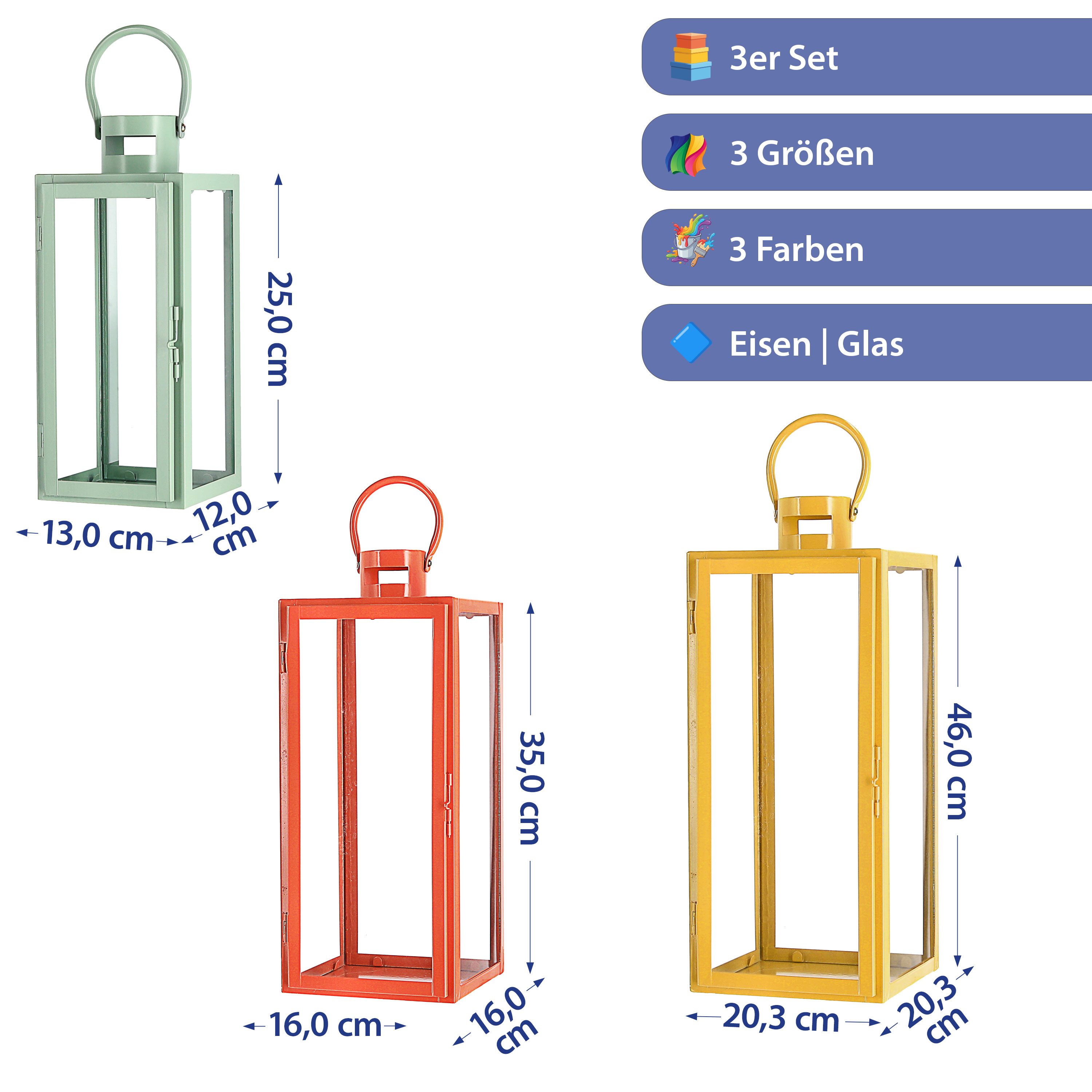 CEPEWA Laterne Laterne 3er Set grün orange gelb 3 Größen Metall Glas Windlicht Henkel
