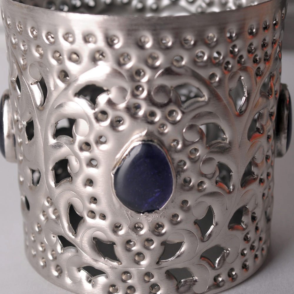 Dirk Davids Leuchten GmbH Windlicht Windlicht Marrakesch Metall Chrom Poliert mit Glasstein in Blau