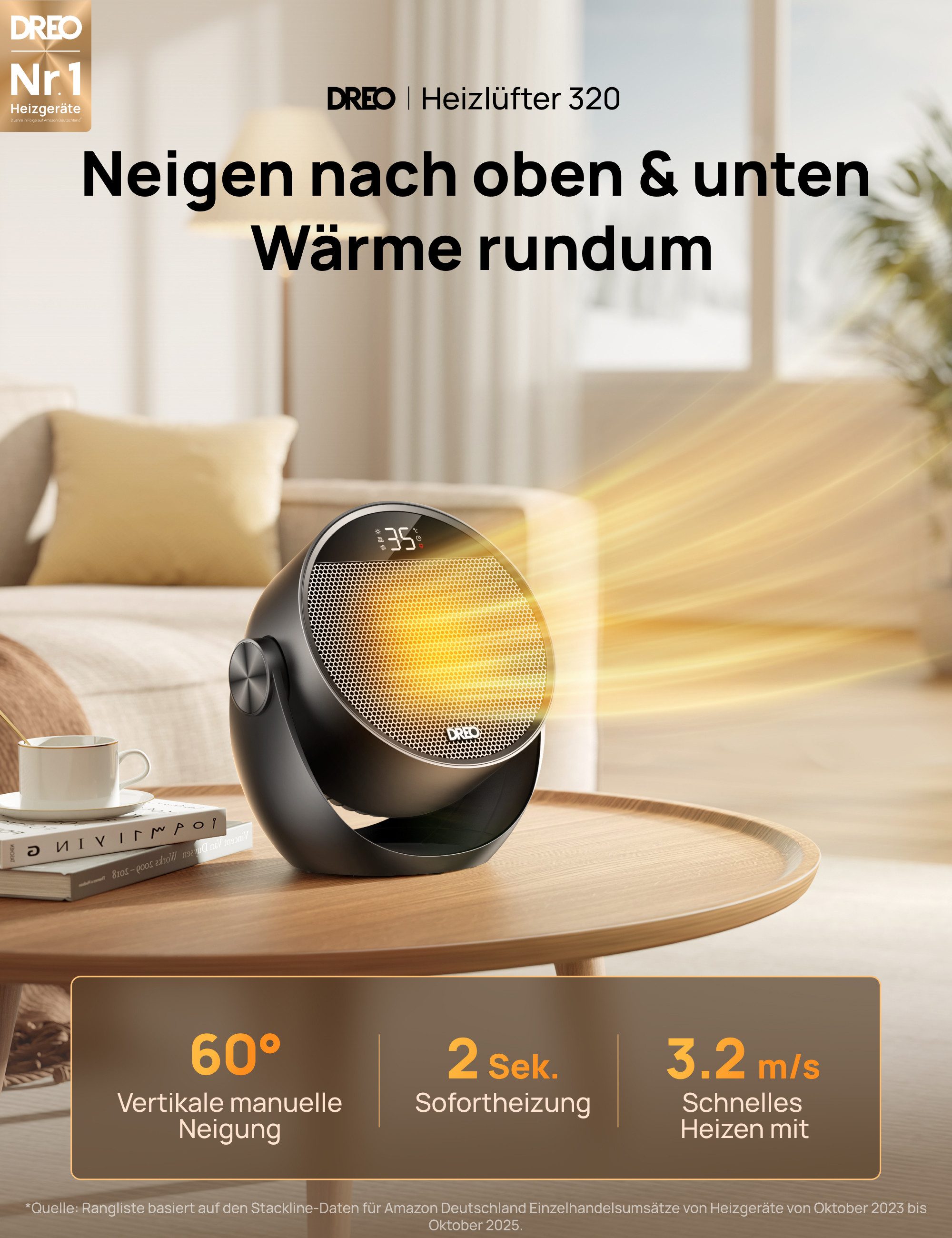 Dreo Heizlüfter Energiesparend, 1500W PTC-Keramik, Fernbedienung, Klein,12-Std-Timer, Leise, Thermostat, 60° neigbar, 8 Sicherheitsfunktionen, 3 Modi – Bild 2 von 5