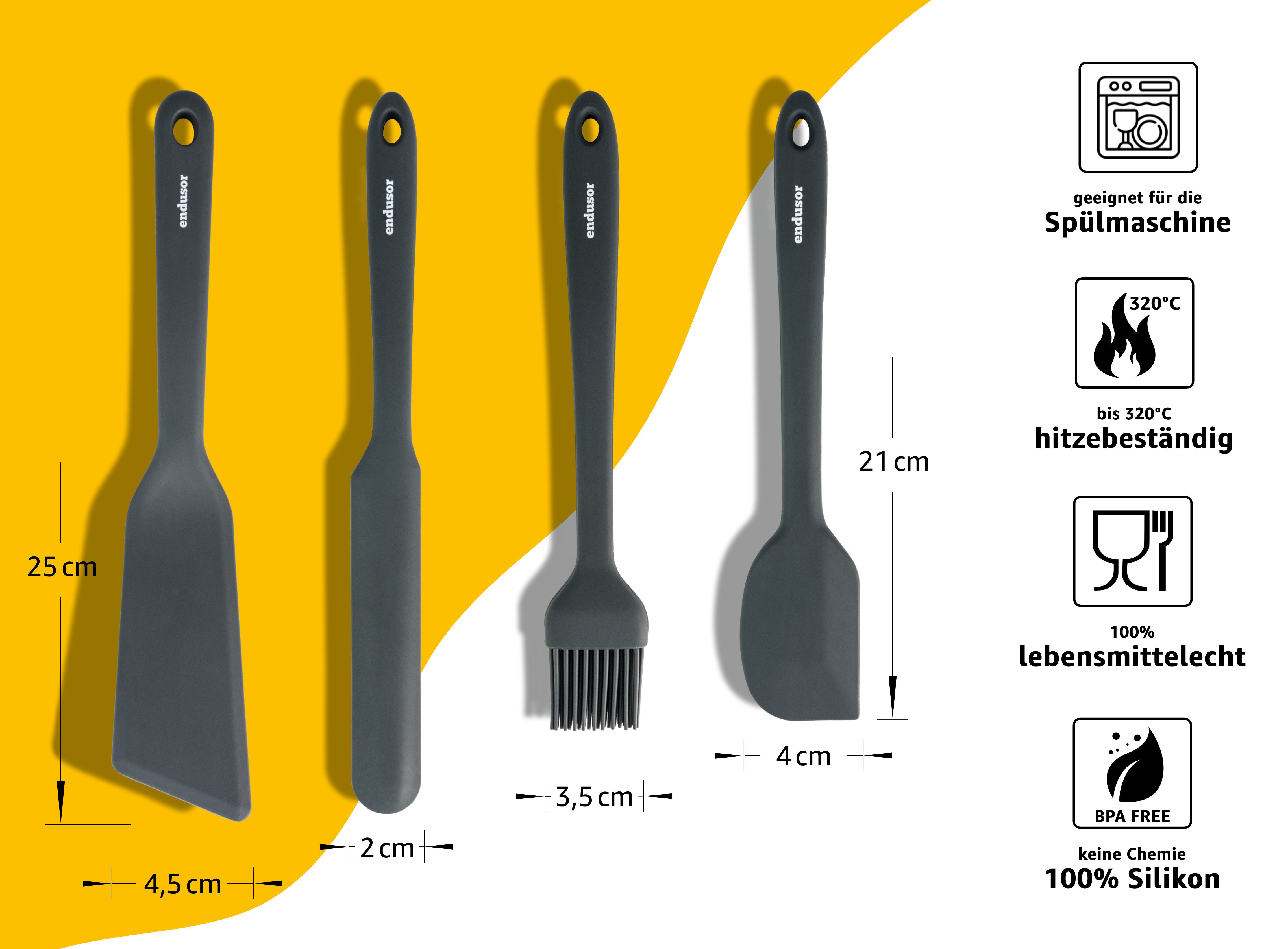 endusor Pfannenwender Silikon Spatel Set 4-teilig für Pancake & Spiegeleipfanne, Edelstahlkern, Hygienisches Silikon, Hitzeresistent bis 320°C