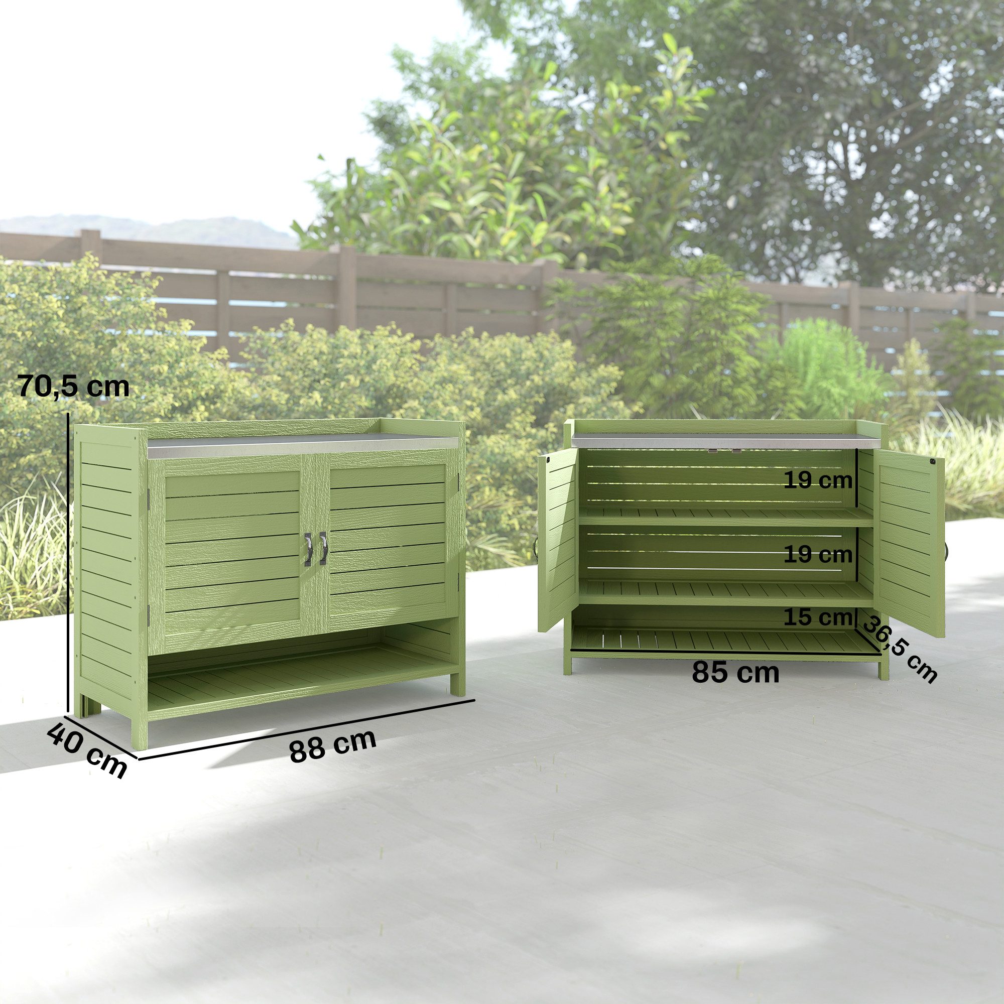 Outsunny Pflanztisch mit verzinkter Arbeitsplatte 3 Regalböden Doppeltüren (wetterfest Gärtnertisch, 1-St., Outdoor Gartenschrank), aus Holz für Garten Balkon Terrasse 88 x 40 x 70,5 cm, Grün