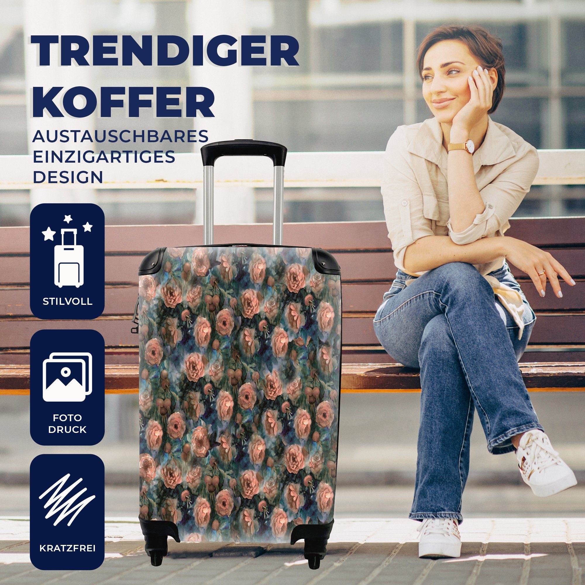 - Rollen, Reisekoffer Rosen für Handgepäckkoffer rollen, - Reisetasche Ferien, Trolley, Aquarell Rosa, Handgepäck MuchoWow 4 mit