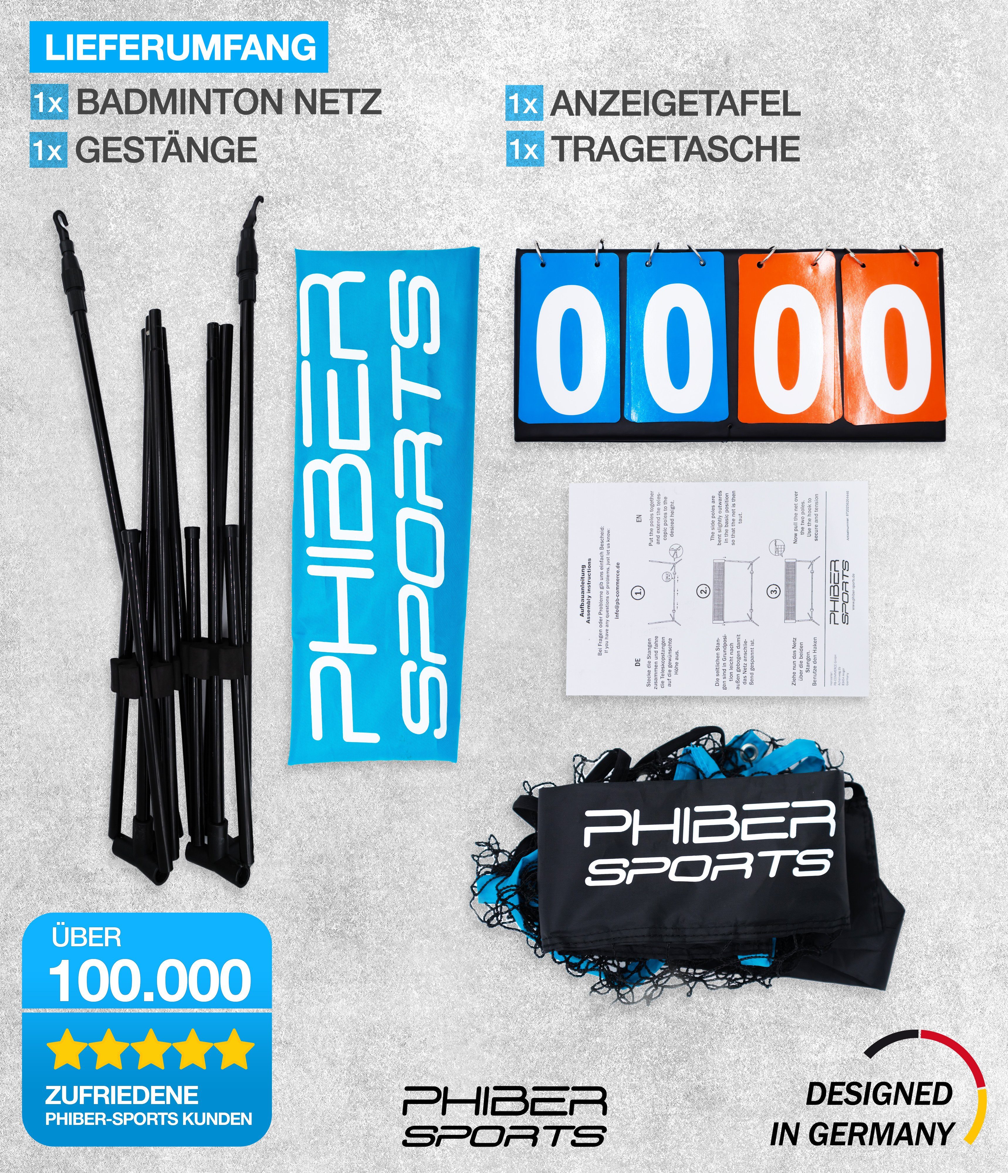 PHIBER-SPORTS Badmintonnetz PHIBER-SPORTS Badminton Netz, Federballnetz (420cm, 3-Fach Höhenverstellbar + Anzeigetafel, – Auch als Tennisnetz, Volleyballnetz Pool, Fussballtennis), Inkl. Transporttasche, für Indoor & Outdoor