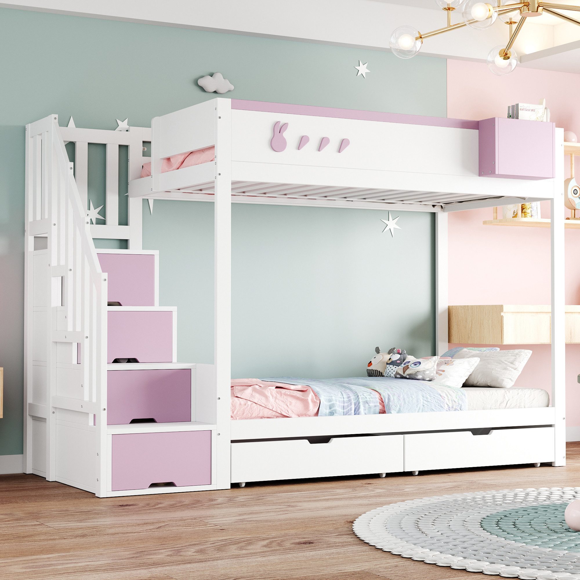 REDOM Etagenbett abnehmbarem Ablagefach, Sicherheitsleiter, Schubladen und Lattenrost (mit Kaninchen- & Karottenmotiven, Kinderbett Holzbett 90×200 cm), ohne Matratze