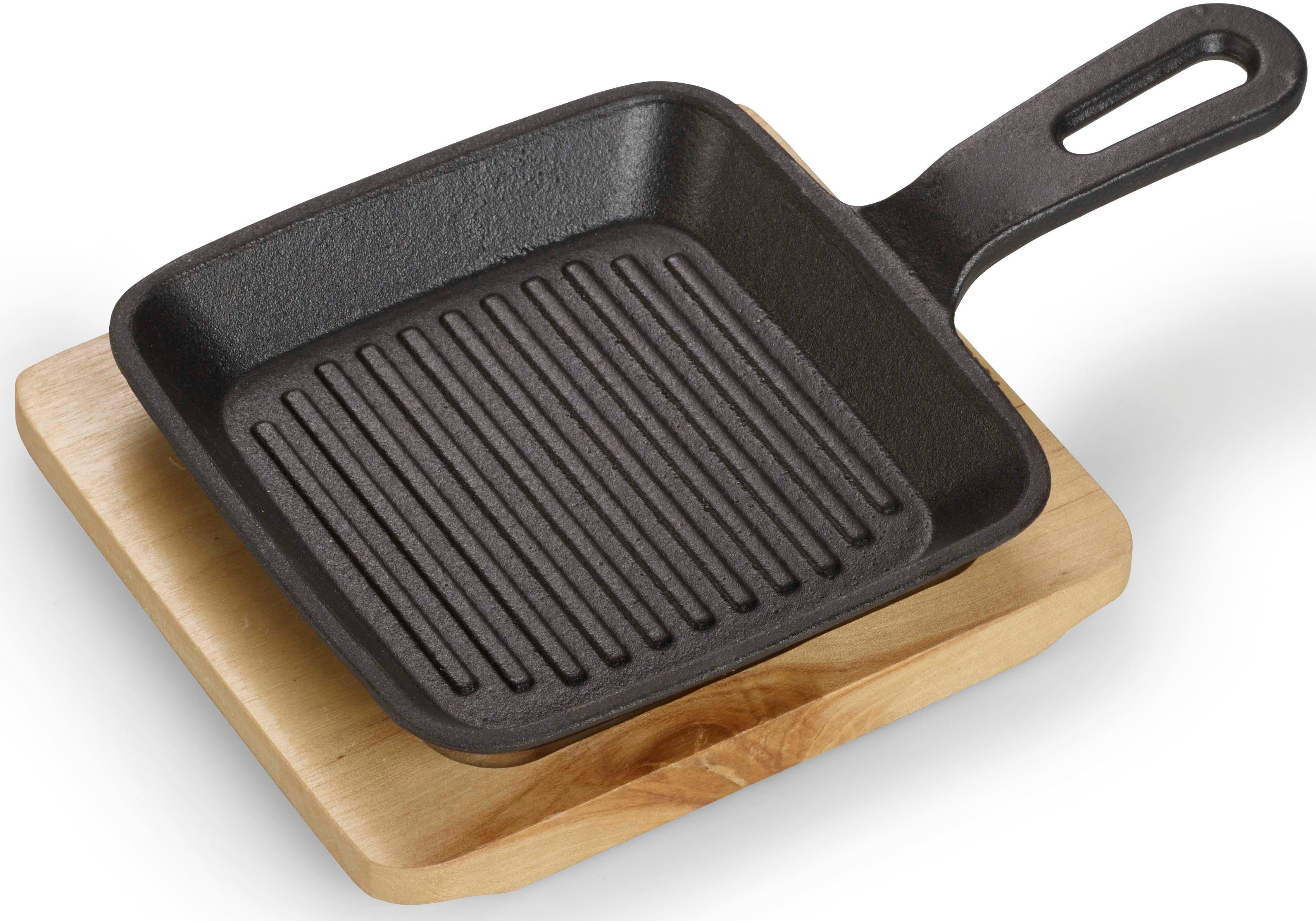 ECHTWERK Grillpfanne quadratische Auflaufform mit Servierbrett, Gusseisen (Set, 2-tlg), Servierbrett, Grillstreifen, Bereits eingebrannt, Für Backöfen & Grill