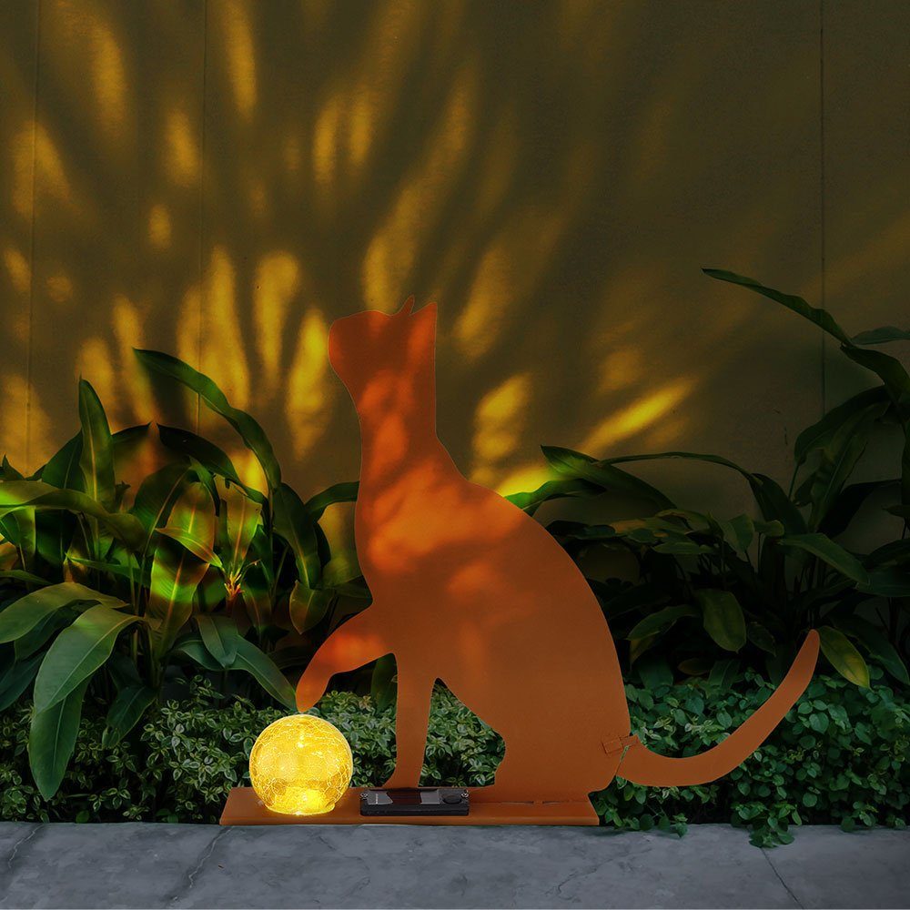Solar LED Außen Steck Leuchte Katze rost Garten Hof Erdspieß Glas Lampe crackle 